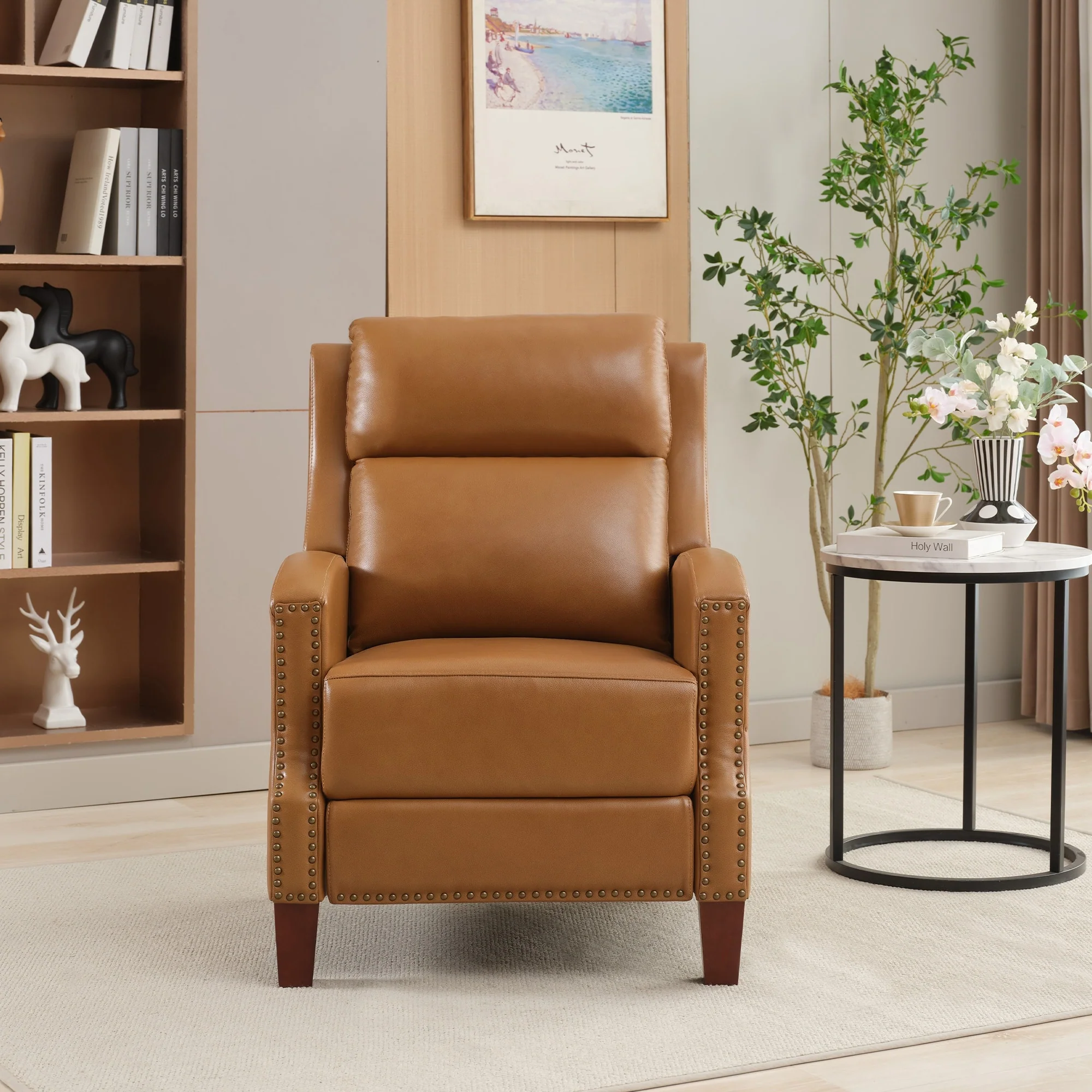 Genuine Leather Pushback Recliner with Multi-Angle Seat Back and Solid Wood Legs