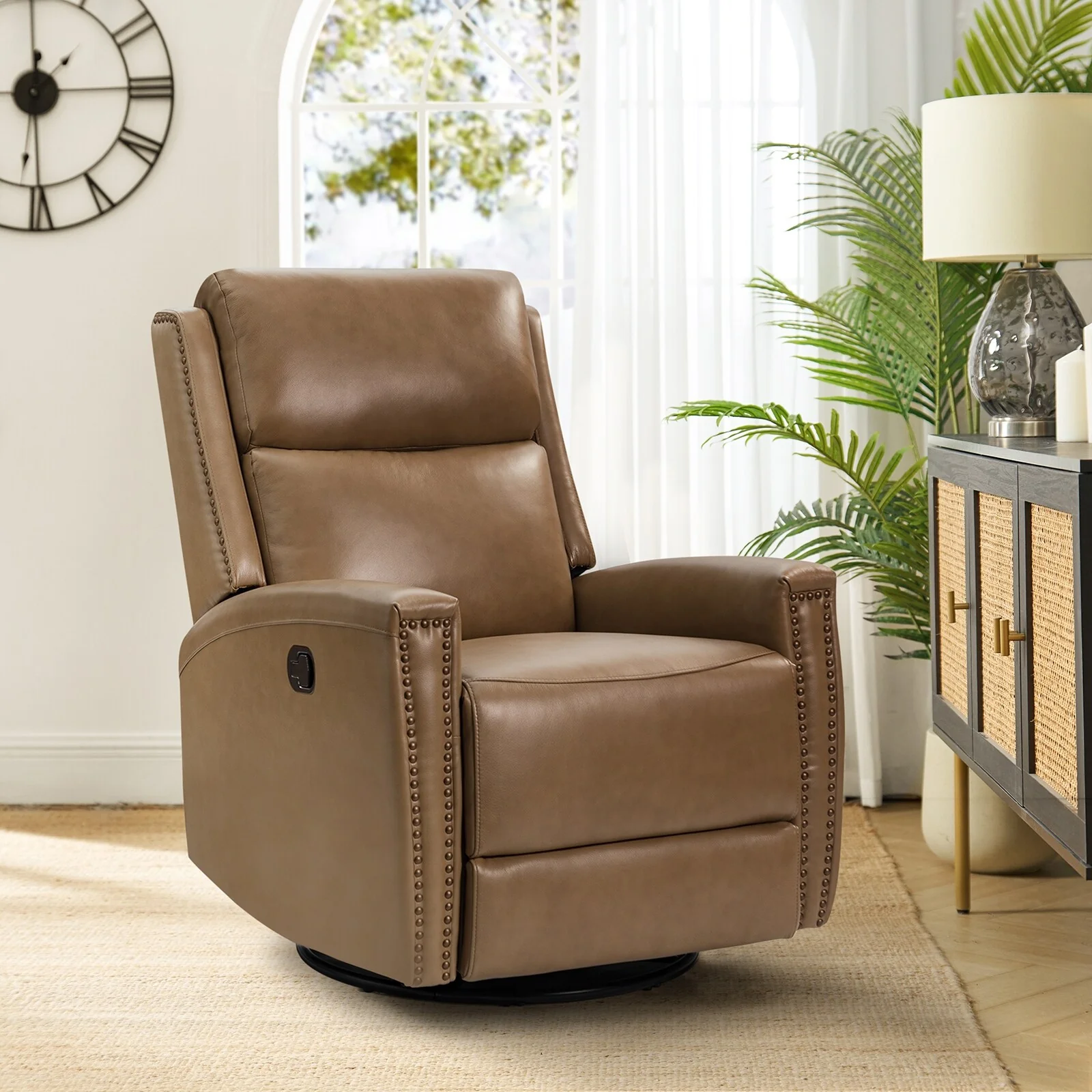 Fiacro 30.31Wide Modern Genuine Leather Wingback Swivel Rocker Recliner with Nailhead Trims