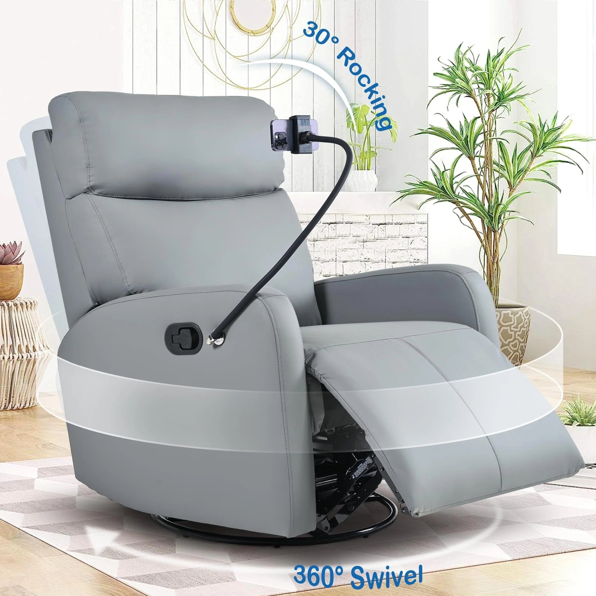 PU Leather 360�� Swivel Rocker Recliner with Phone Holder