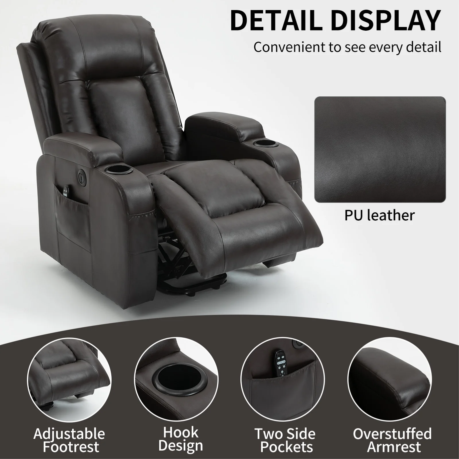 Heavy-Duty Power Lift Recliner with 8-Point Massage, Lumbar Heat Therapy, USB Charging, Dual Cup Holders, and Spacious Seating
