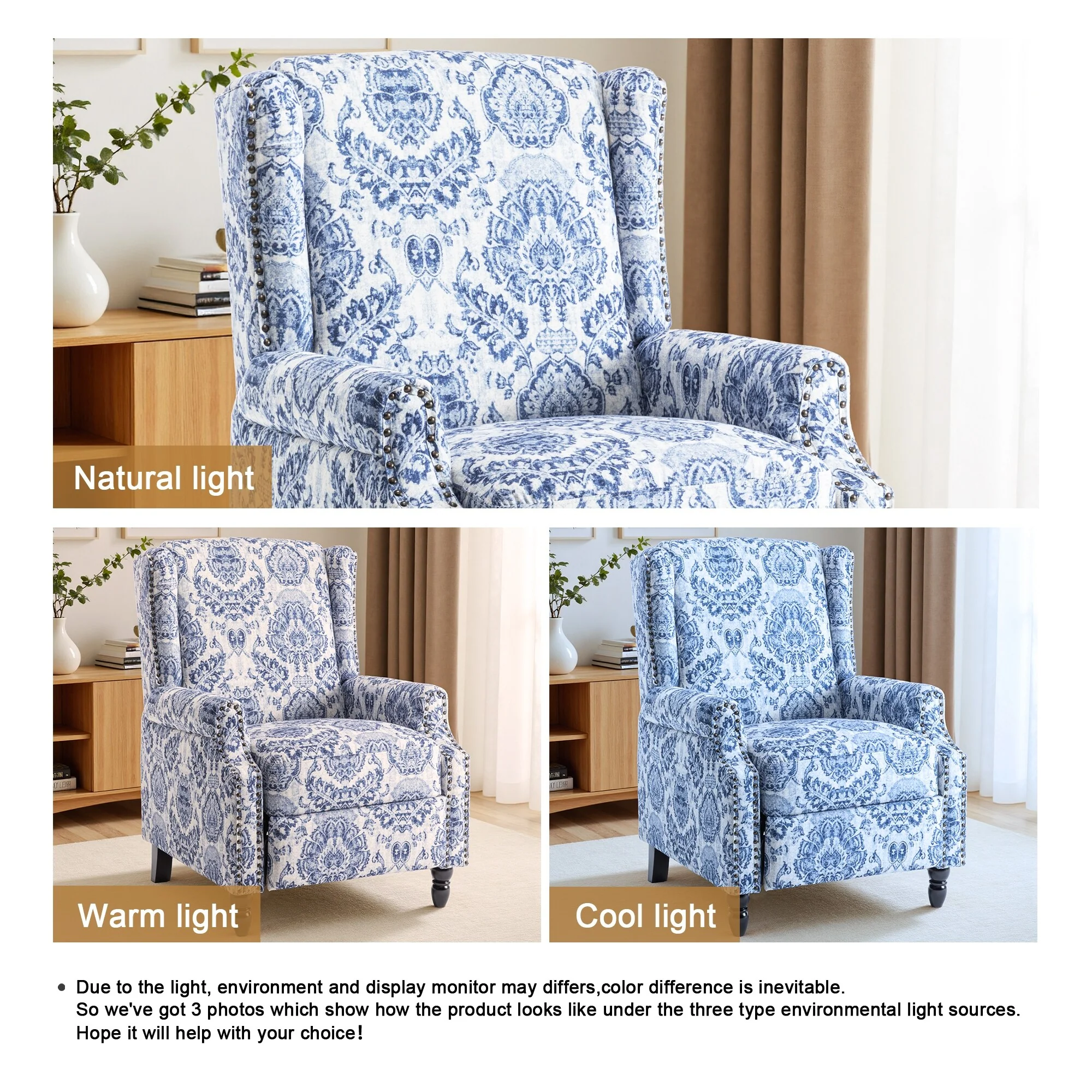 Linen Manual Upholstered Recliner with Wood Legs