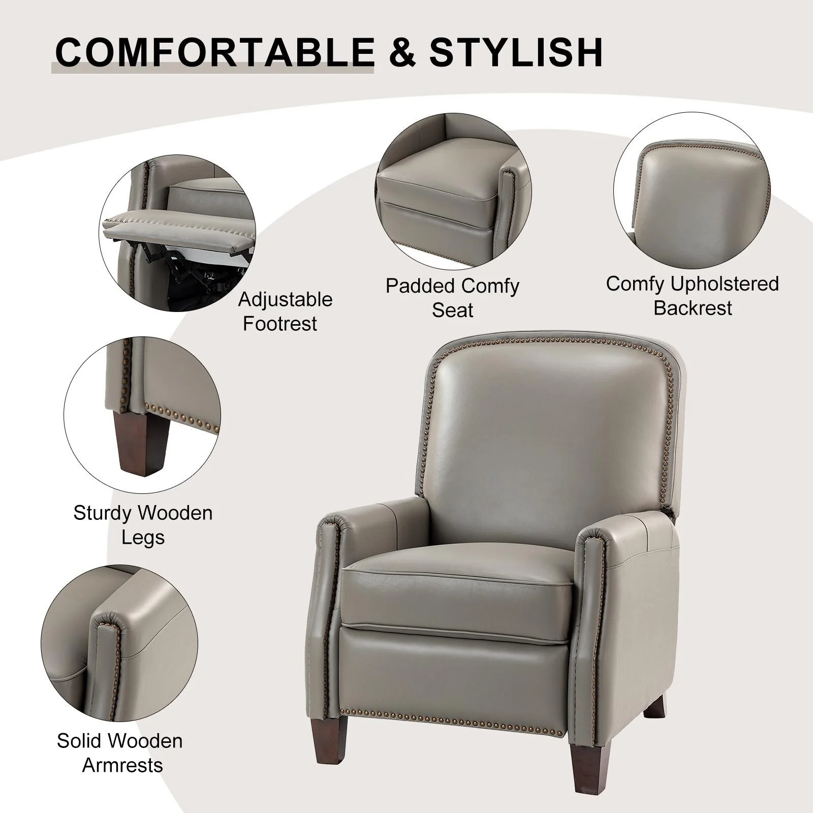 Gladis Modern Retro Genuine Leather Recliner with Nailhead Trim by HULALA HOME