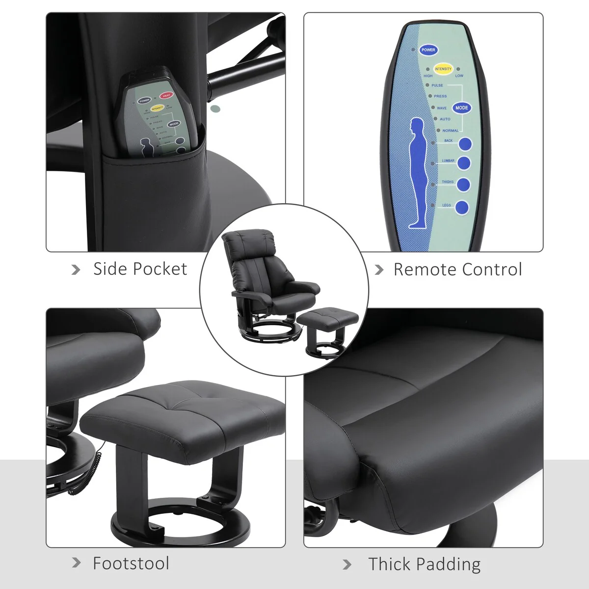 Massage Recliner in PU Leather with Footstool and 360? Swivel Function