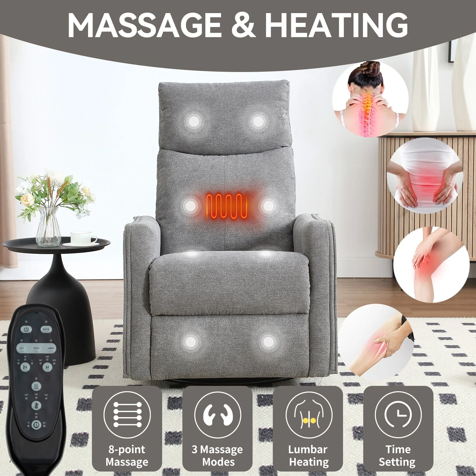 8 Point Vibration 360�� Swivel Massage Chair, Adjustable Backrest Manual Recliner Chair with Massage and Lumbar Heating
