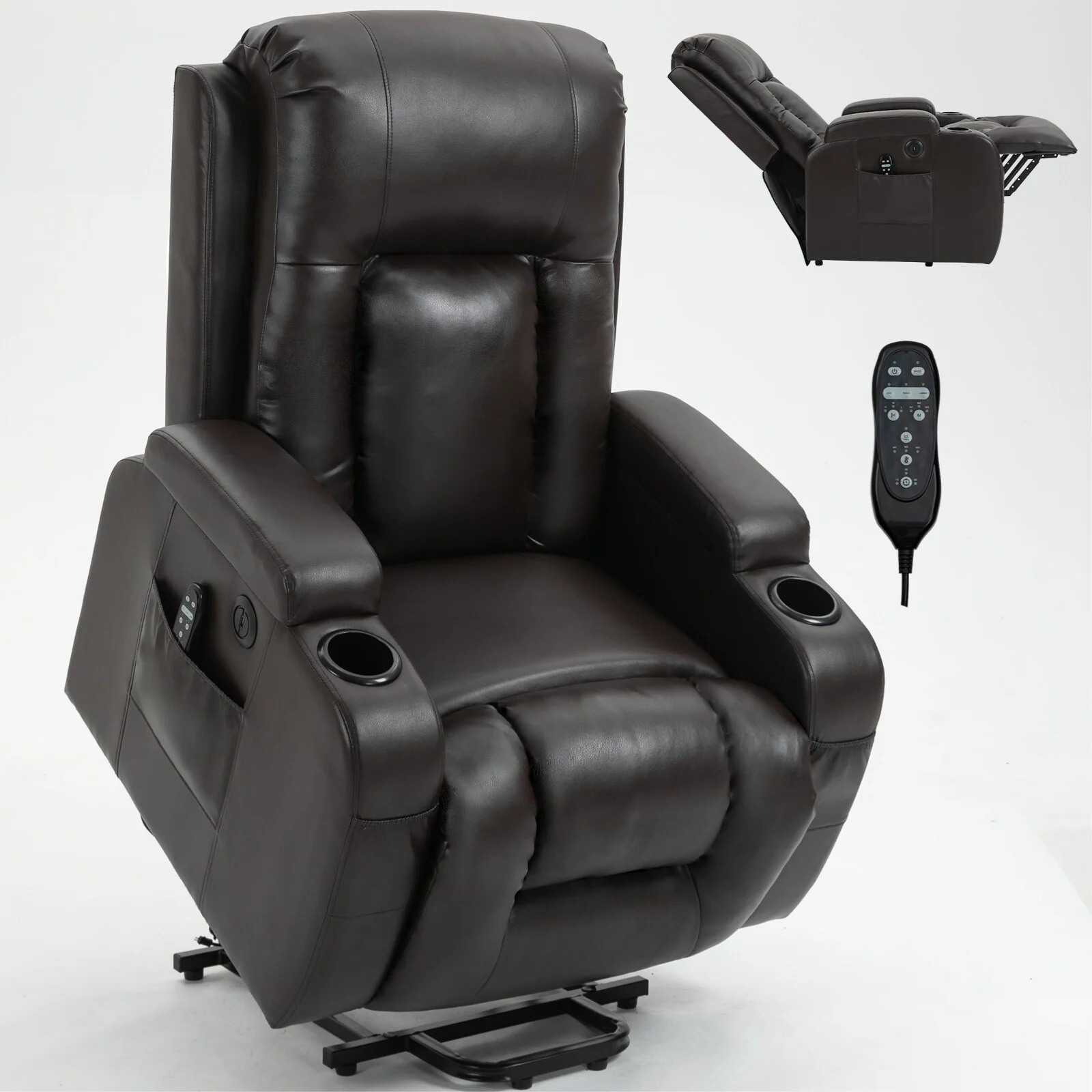 Black Power Lift Recliner with Massage, Lumbar Heat, USB, and Cup Holders