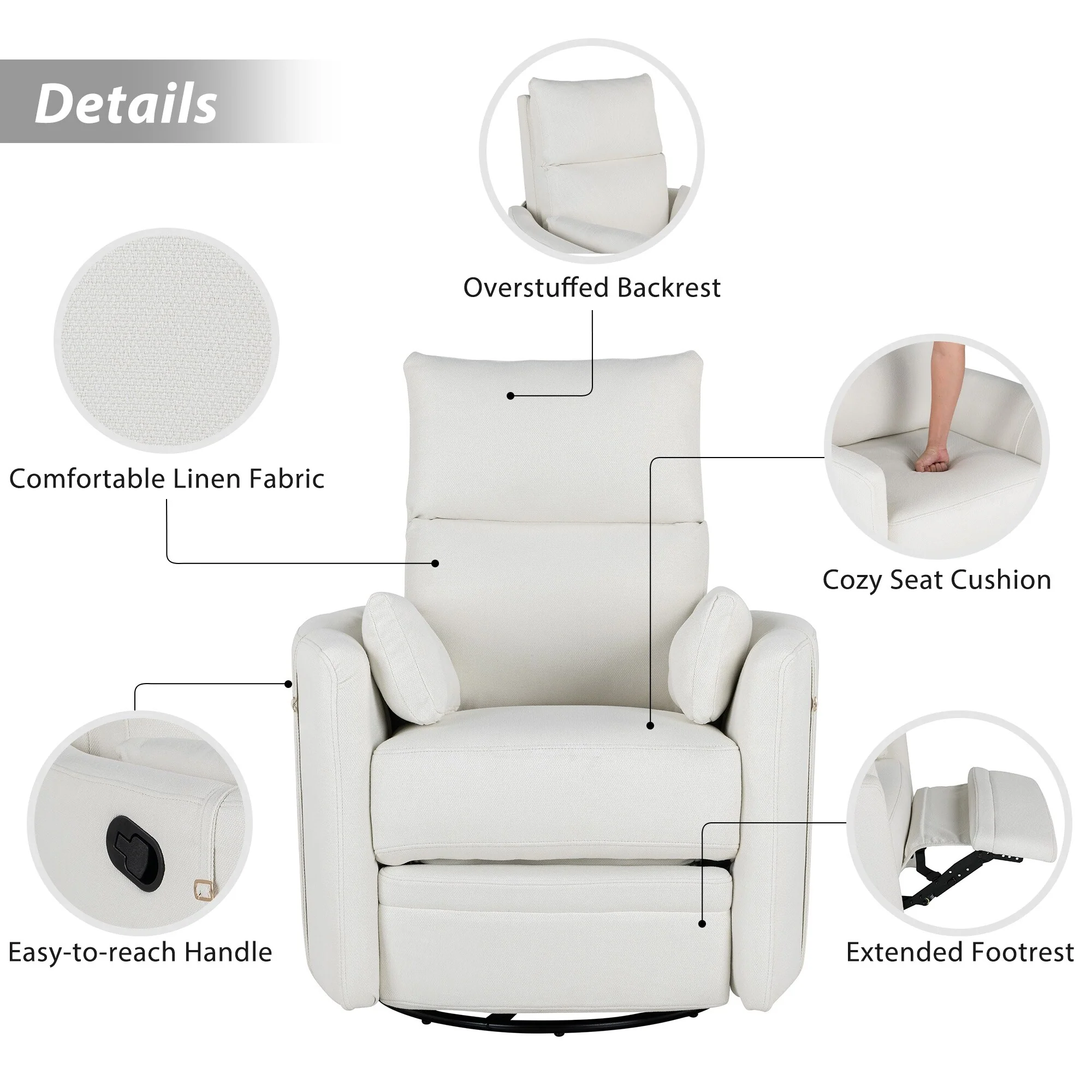Beige Manual Rocker Recliner Chair with 360�� Swivel and Adjustable Backrest, Perfect with Two Removable Pillows
