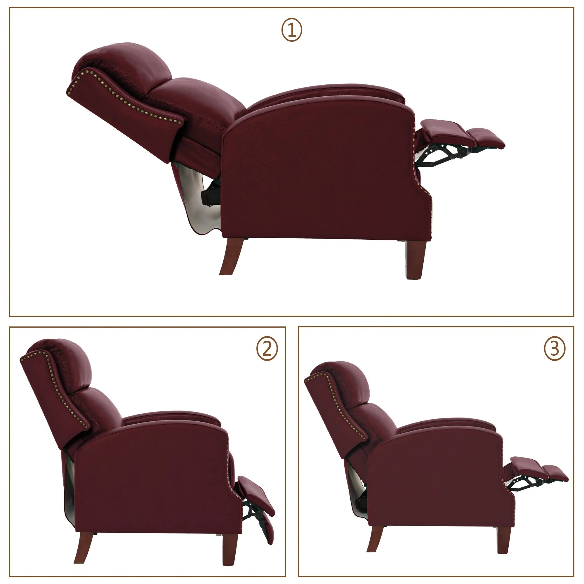 Genuine Leather Pushback Recliner with Multi-Angle Seat Back and Solid Wood Legs