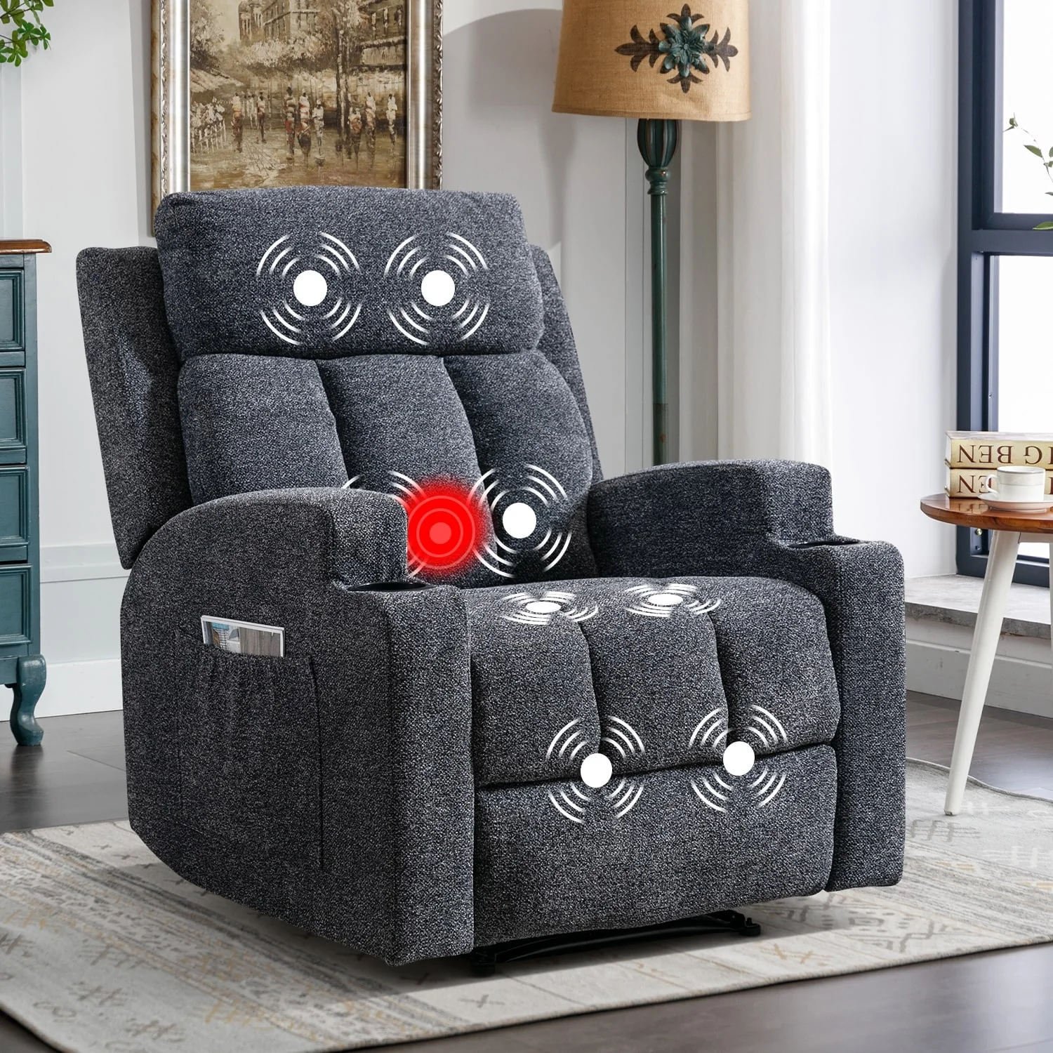 Manual Recliner Massage and Heating Chair Sofa with 2 Cup Holders Breathable Fabric