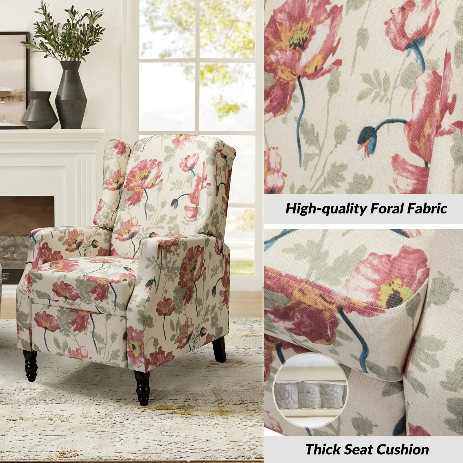 Damaris Mid-Century Modern Manual Pushback Recliner with Wingback Design by HULALA HOME