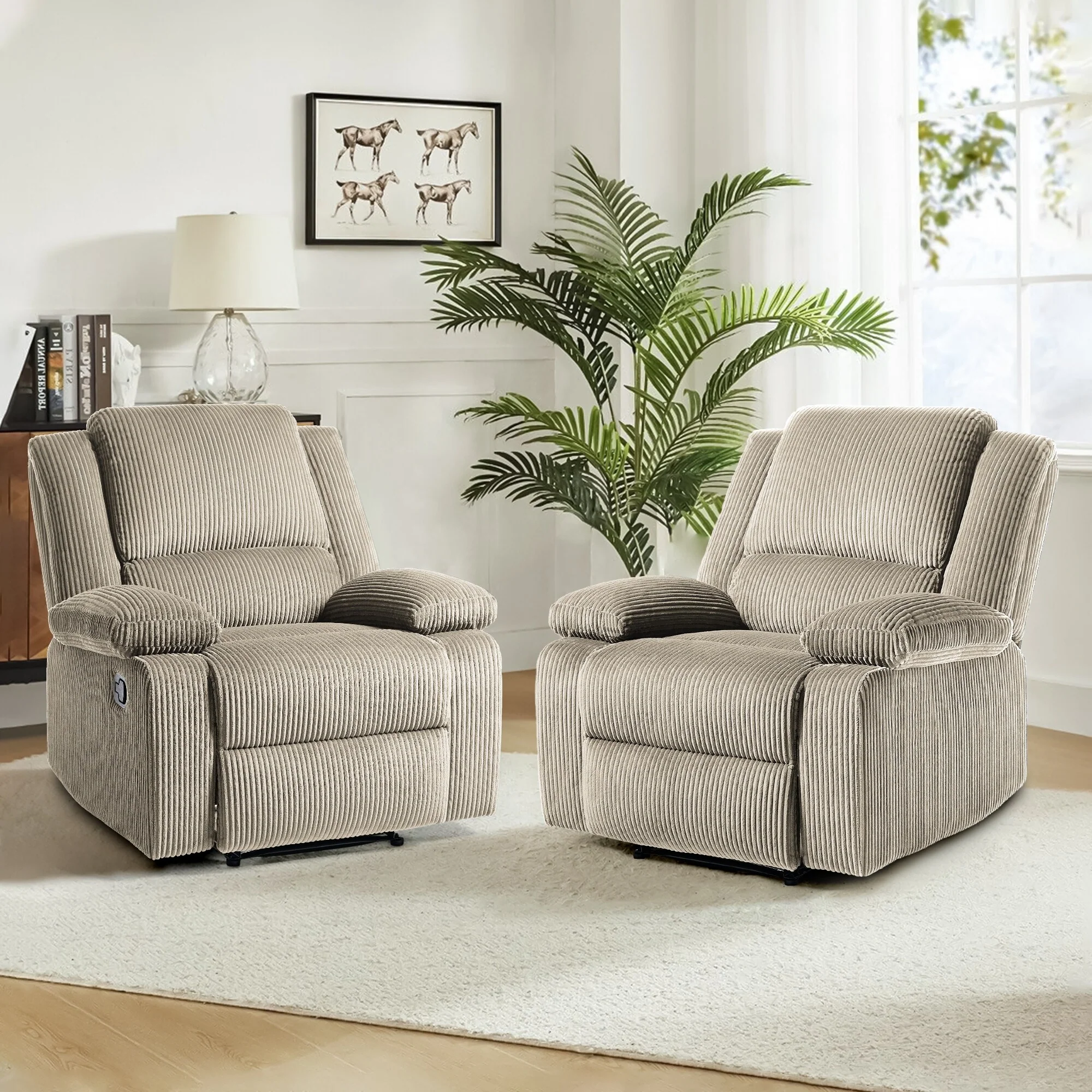 2 Set Corduroy Manual Recliner Glider Club Chair with Footrest
