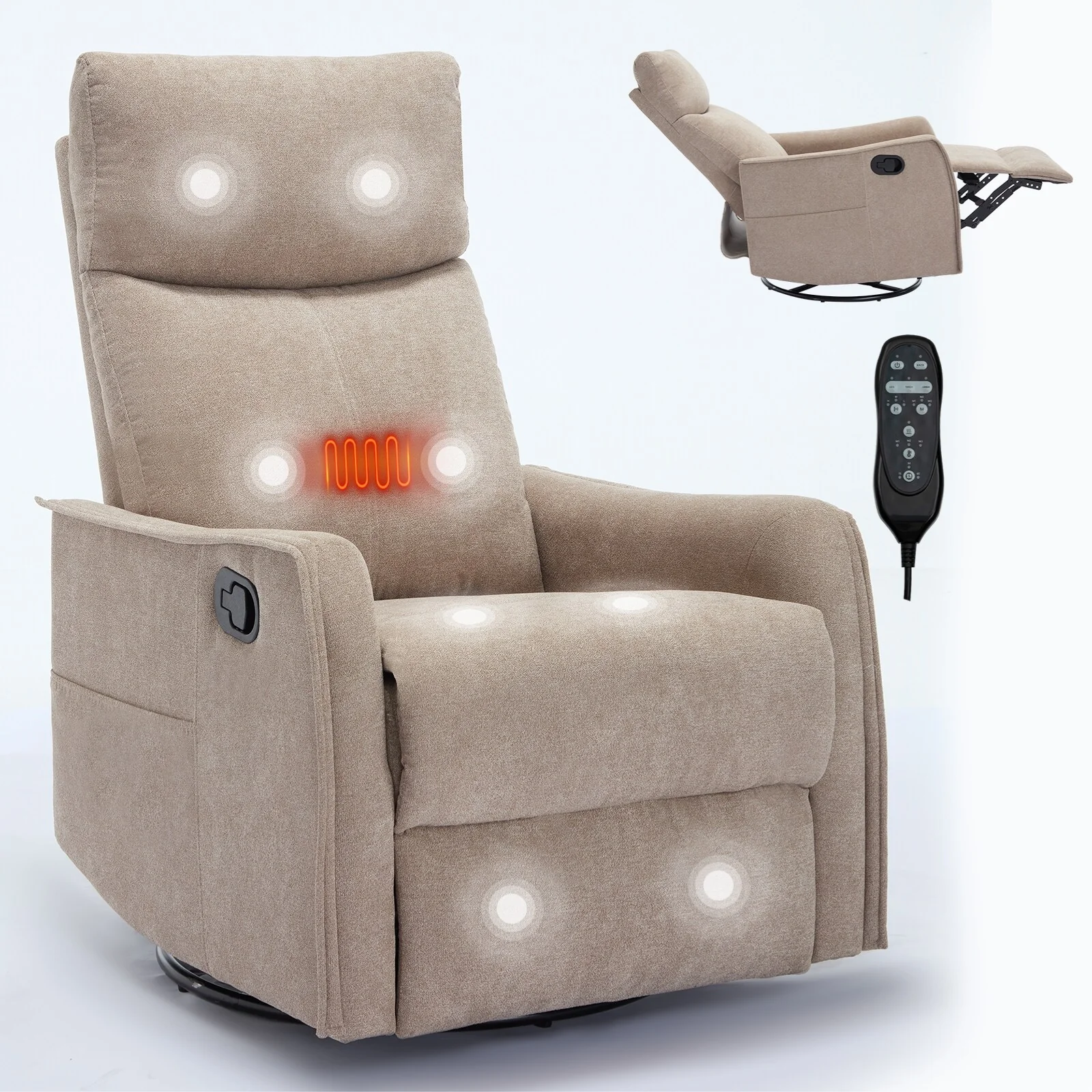 8 Point Vibration 360�� Swivel Massage Chair, Adjustable Backrest Manual Recliner Chair with Massage and Lumbar Heating