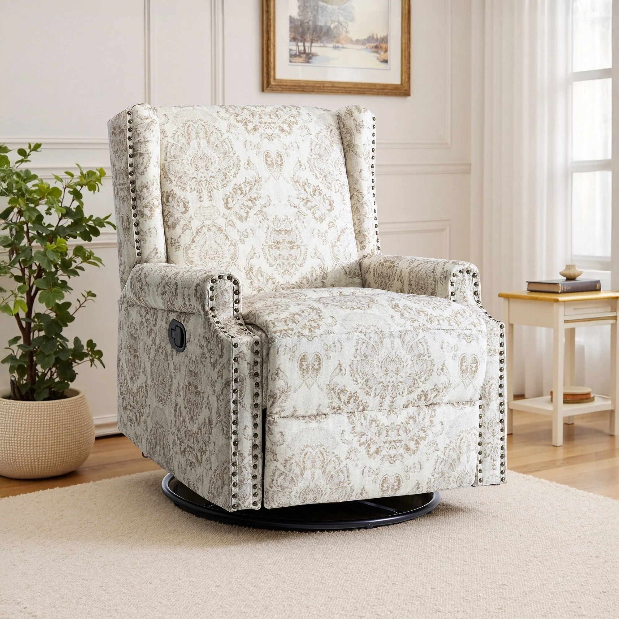 29'' W Pattern Floral Swivel Manual Push Back Recliner Glider Chair