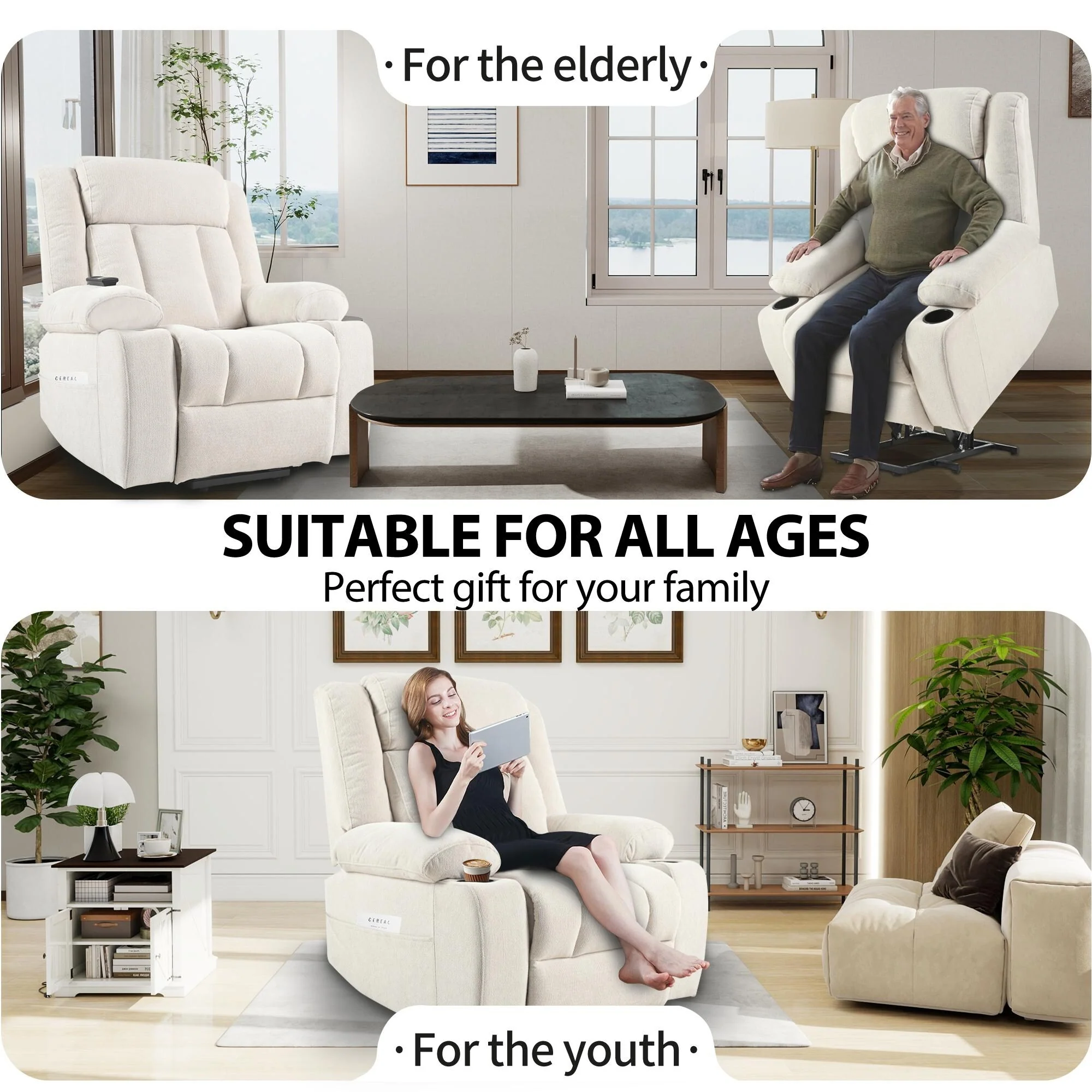 Velvet Power Lift Recliner with Footrest & Pocket