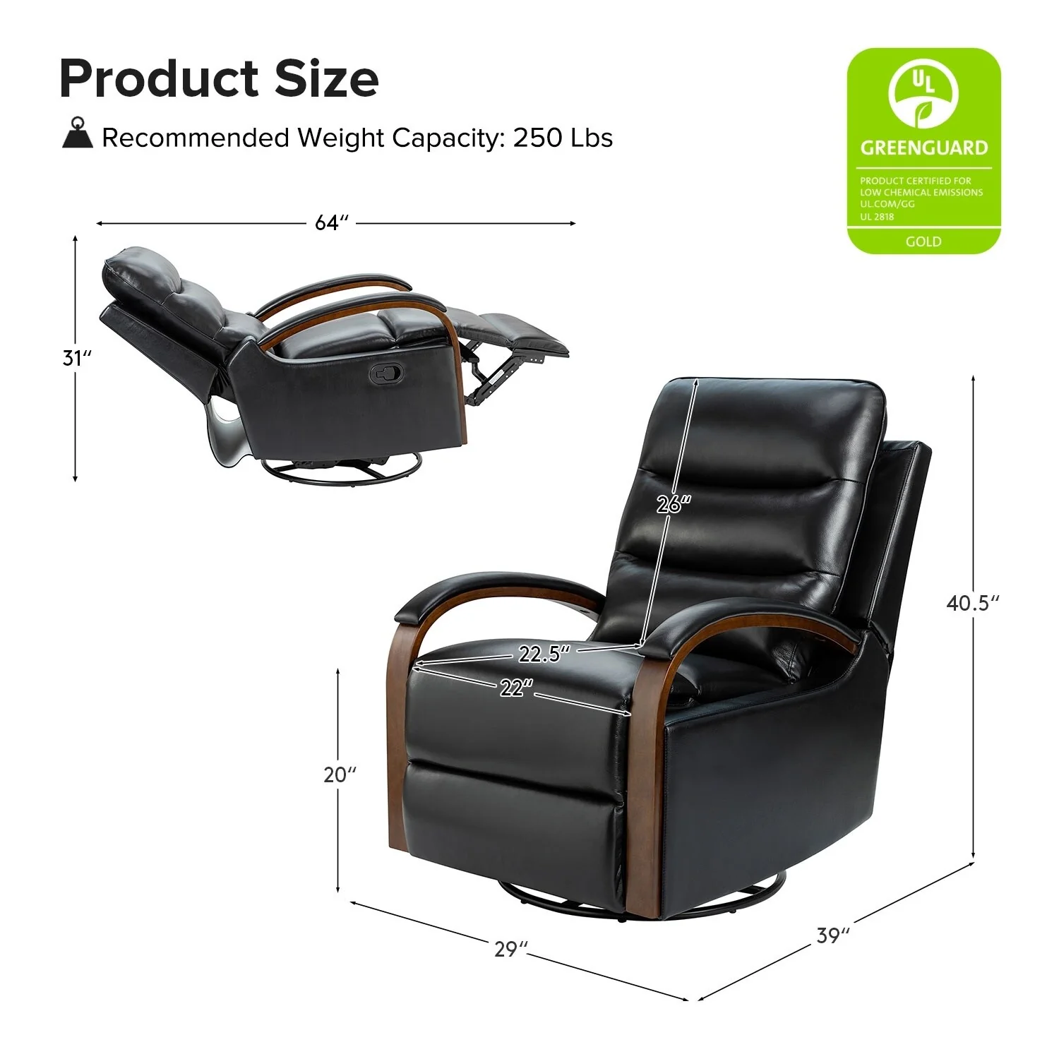 Leopold Genuine Leather Swivel Rocking Manual Recliner Chair with Wooden Arm Accents Set of 2 by HULALA HOME