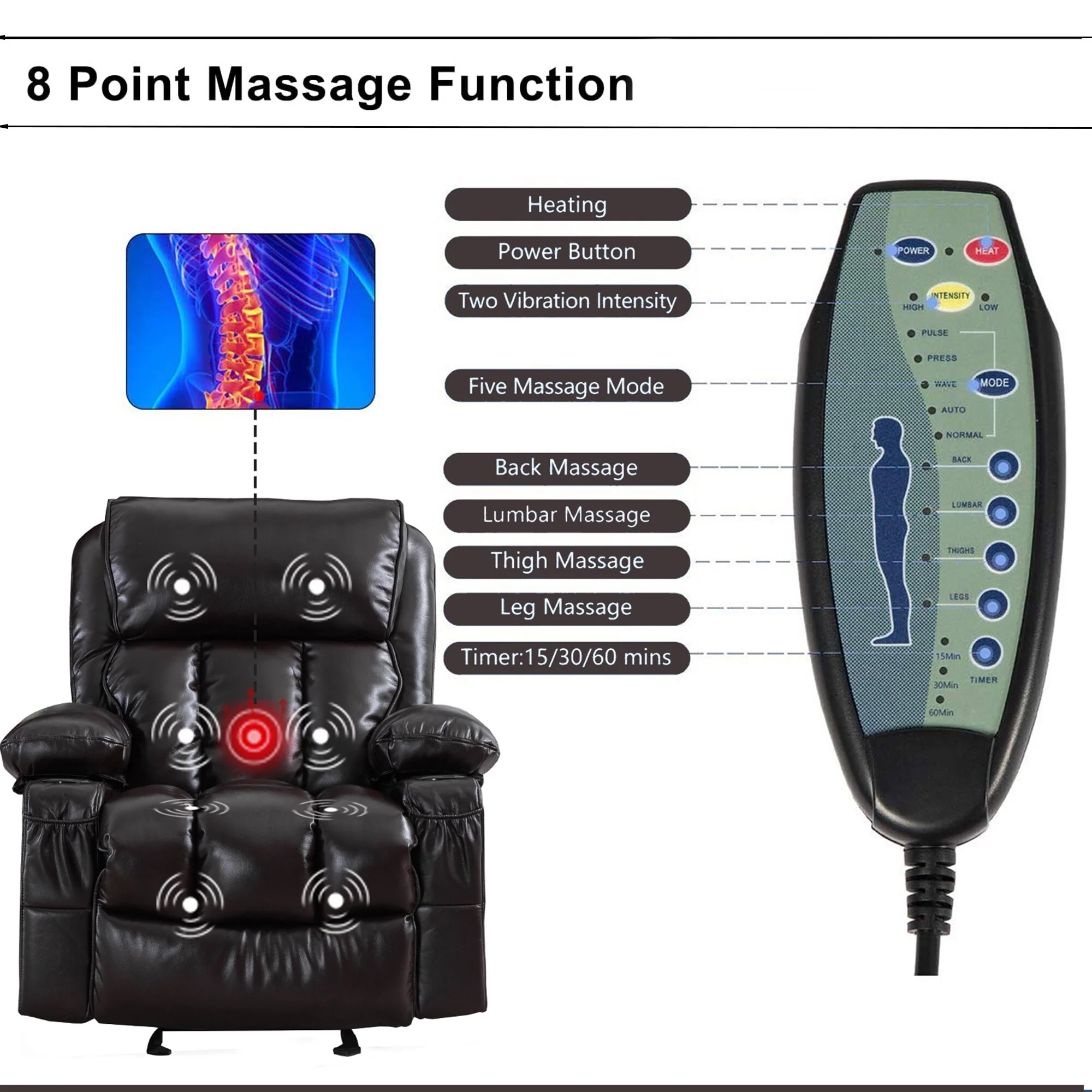 Faux leather Massage Recliner Chair, Rocker Recliner, Heat Function