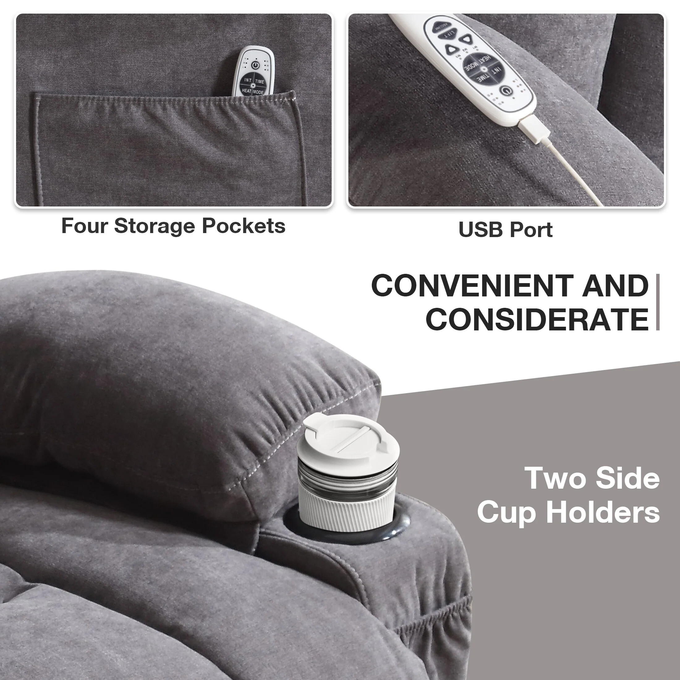 Beige Ergonomic Lift Recliner with Heated Massage, USB Charging, Side Pockets, and Easy Remote Control