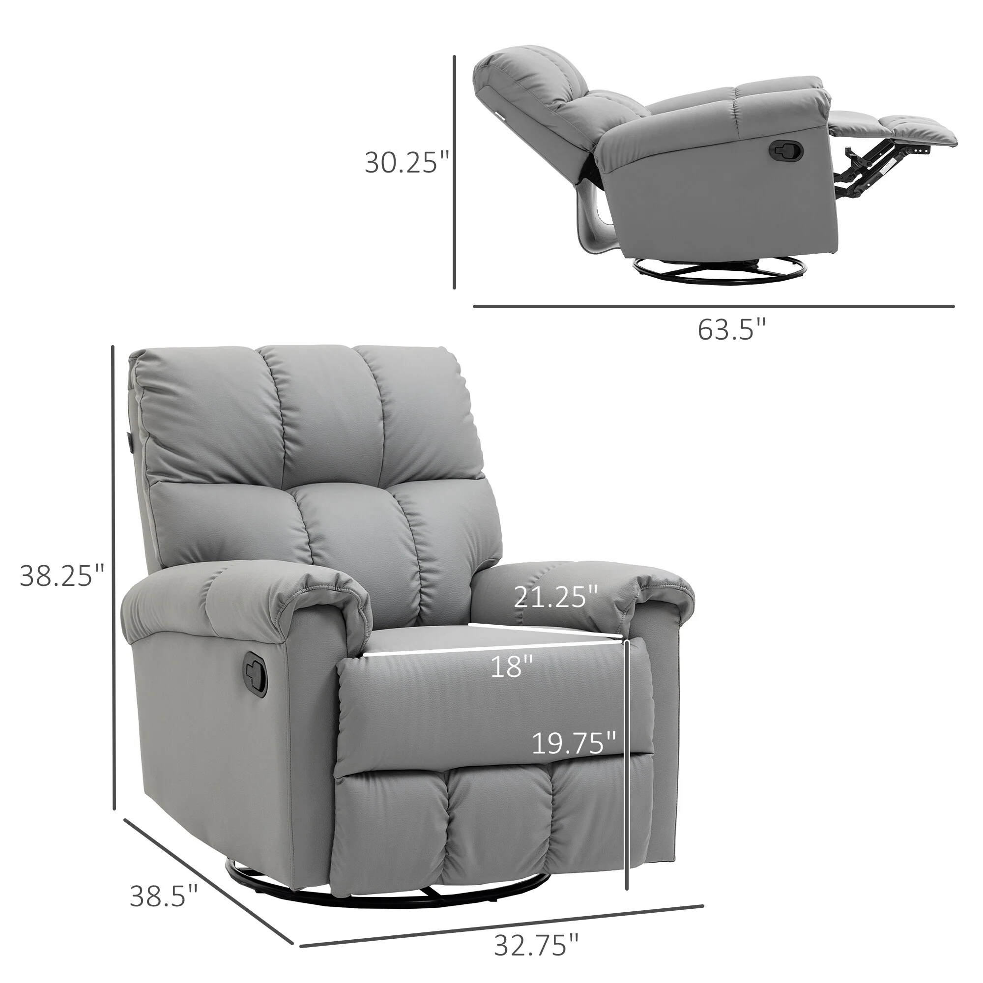 Grey Faux Leather Rocker Recliner with Overstuffed Backrest, 360�� Swivel Base, Manual Recline, and Integrated Footrest
