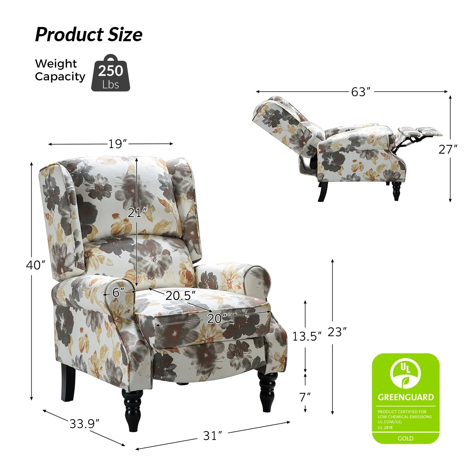 Olympus Upholstered Classic Manual Wingback Recliner with Solid Wood Legs Set of 2 by HULALA HOME