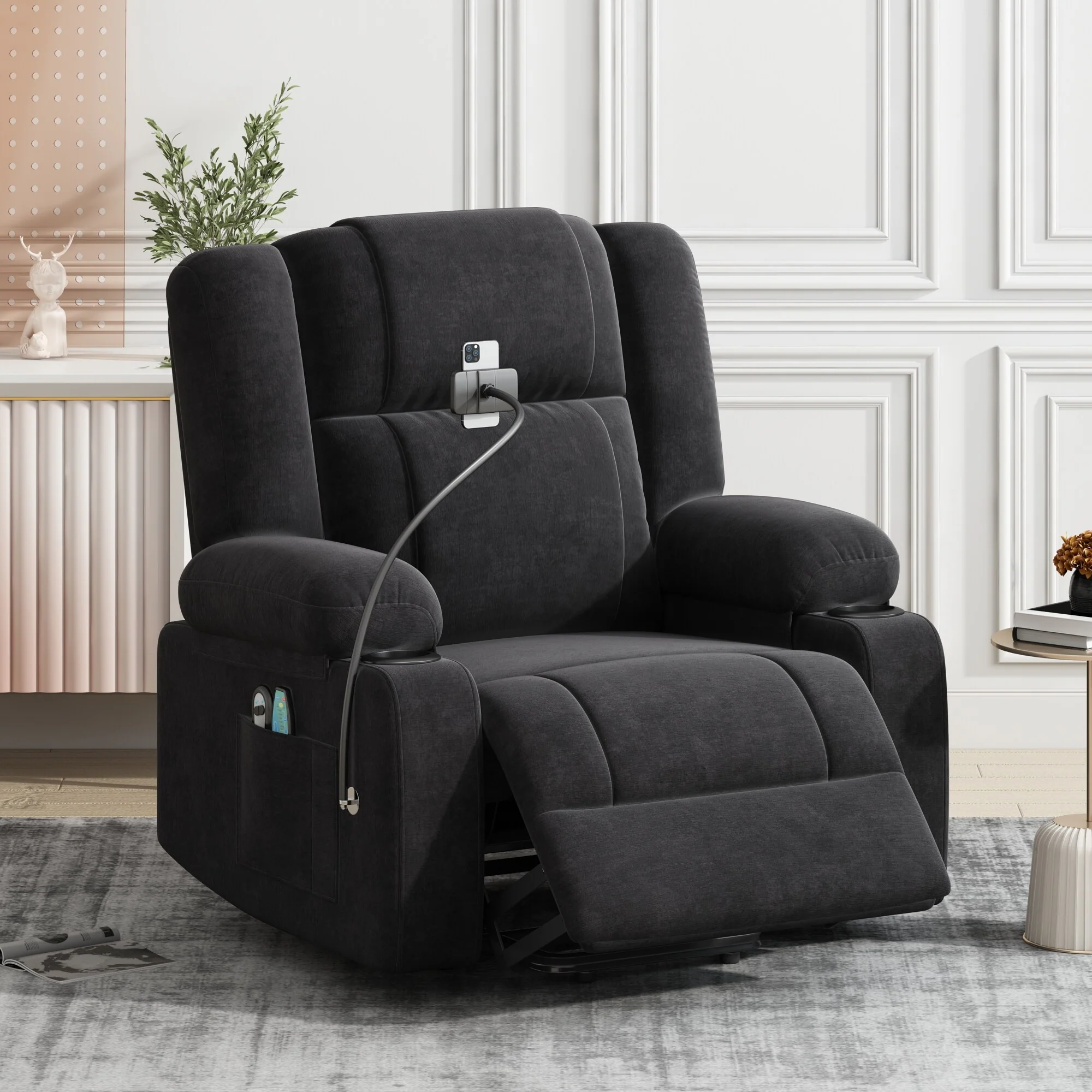 Grey Electric Lift Recliner Chair with Massage, Heating, Cup Holders & 360�� Swivel Phone Holder, Adjustable Recline Options