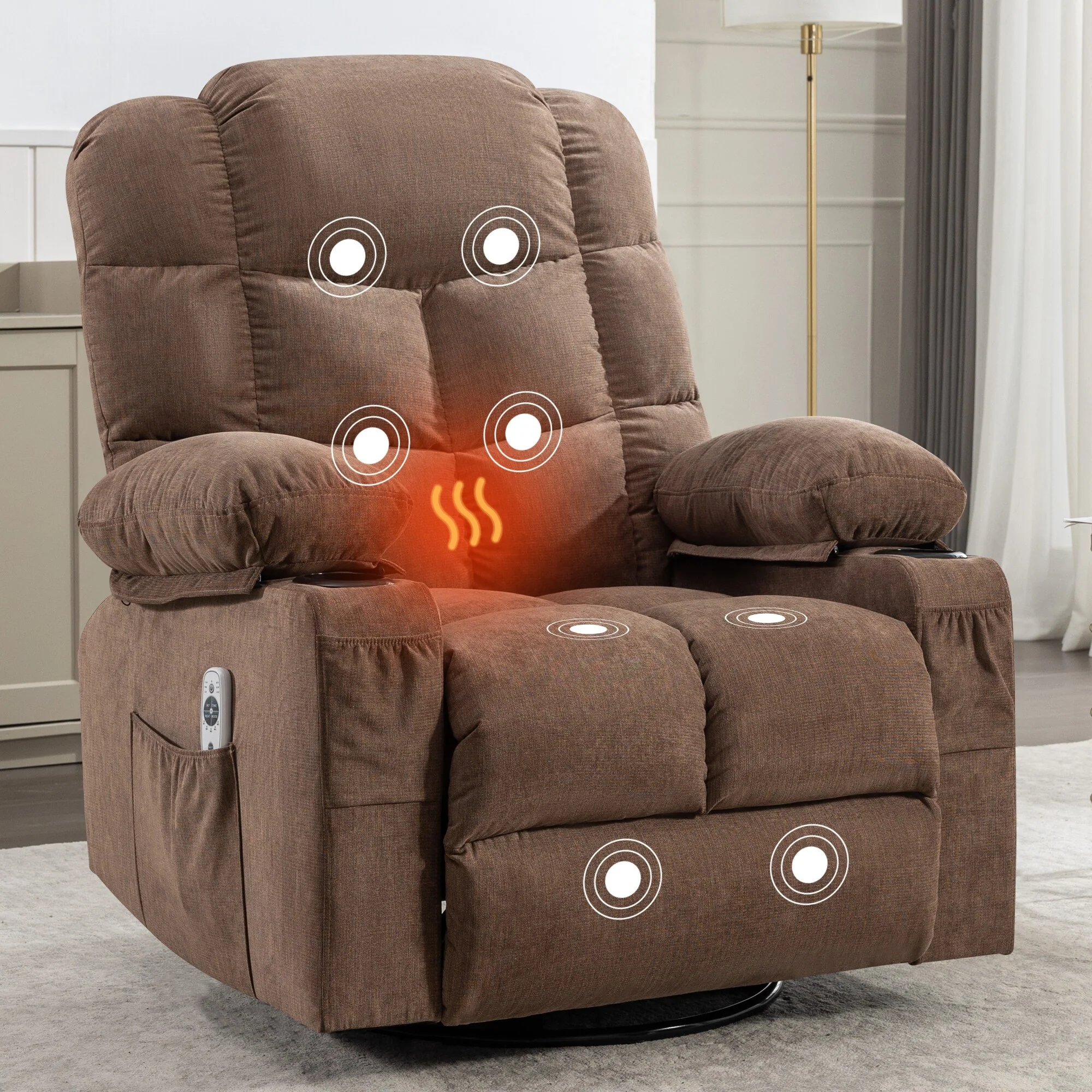 Grey Oversized Rocker Recliner Chair with Vibration Massage, Heating, USB Port, Dual Cup Holders, and Side Pockets