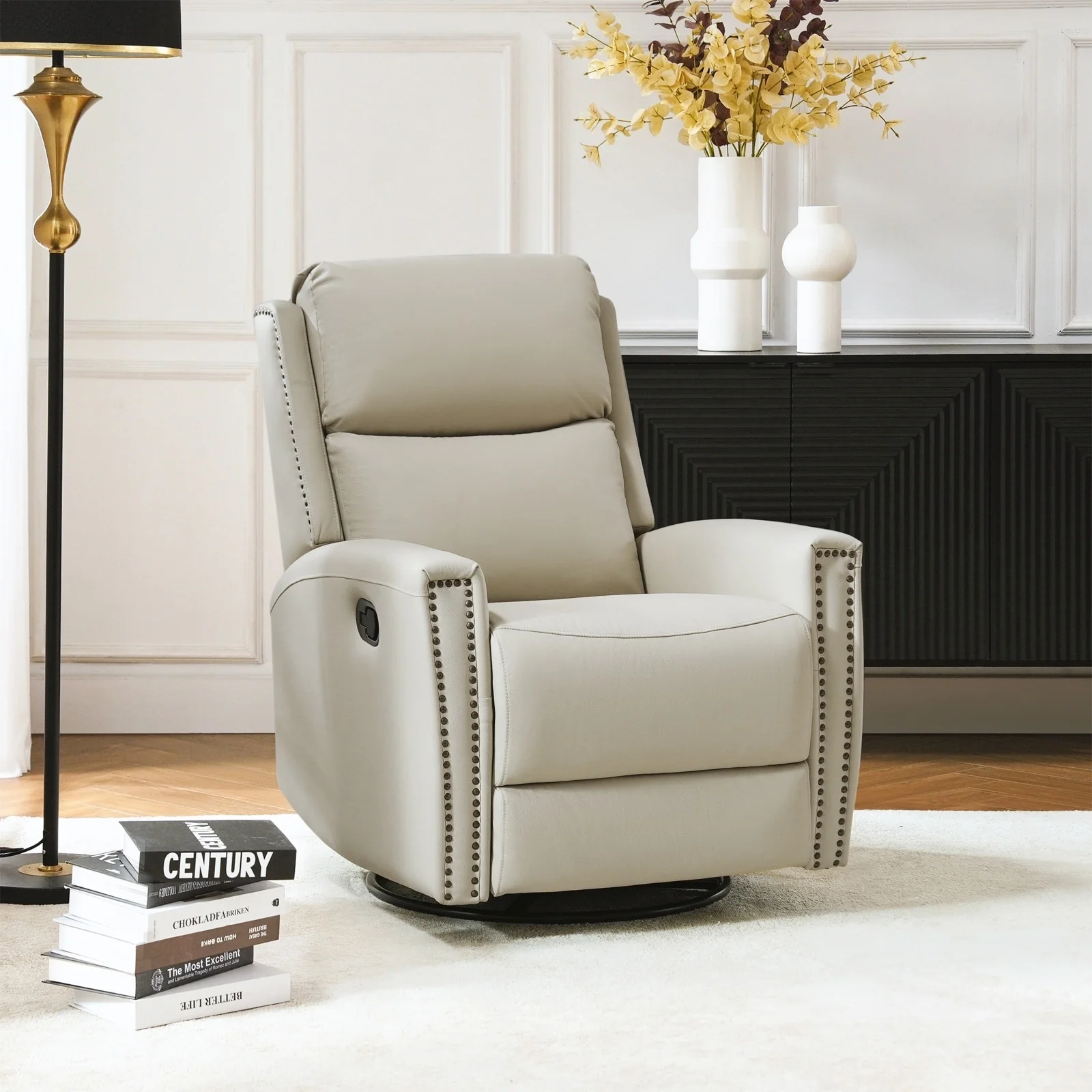 Fiacro 30.31Wide Modern Genuine Leather Wingback Swivel Rocker Recliner with Nailhead Trims