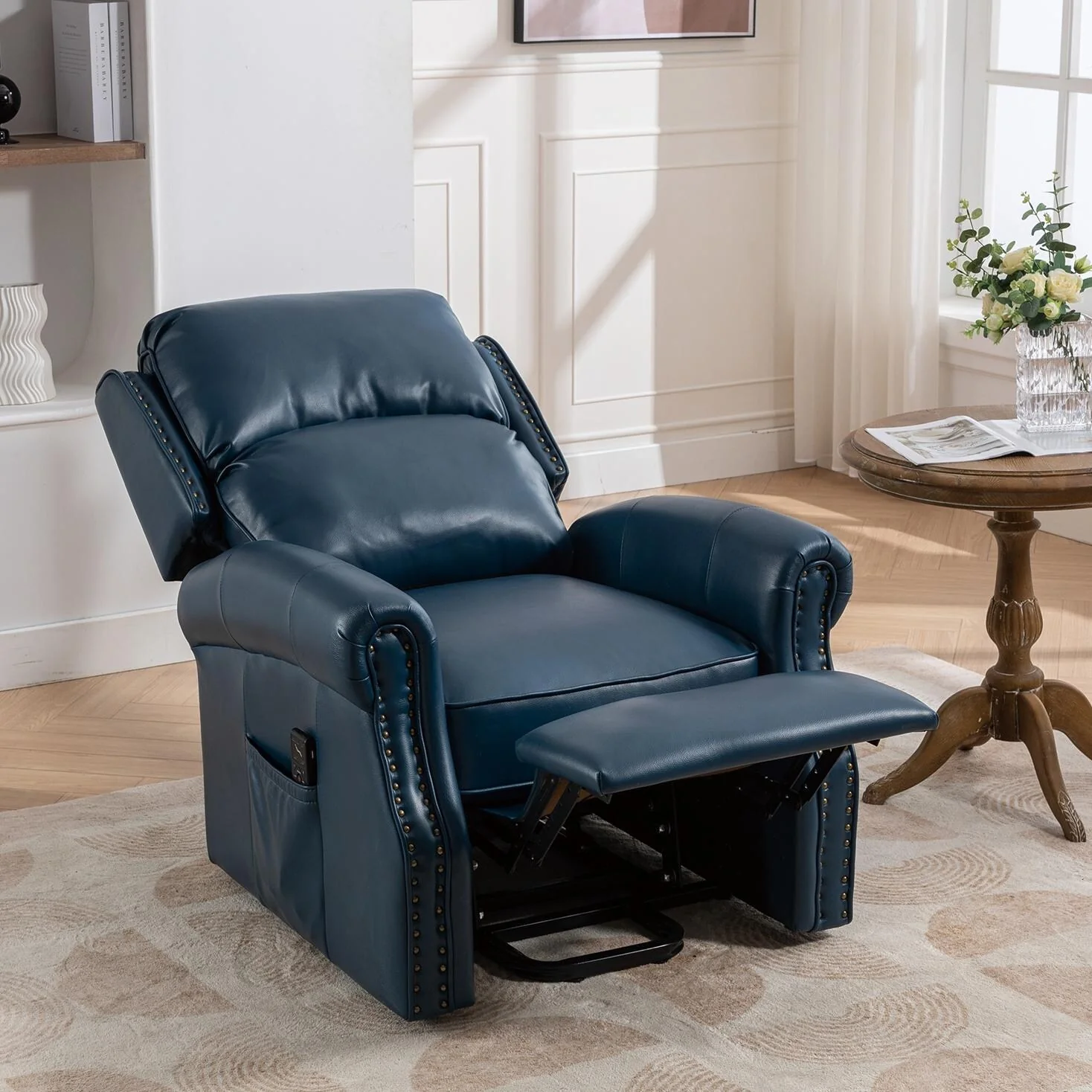 Blue Electric Power Lift Recliner with Massage, Heat, USB, and Side Pocket