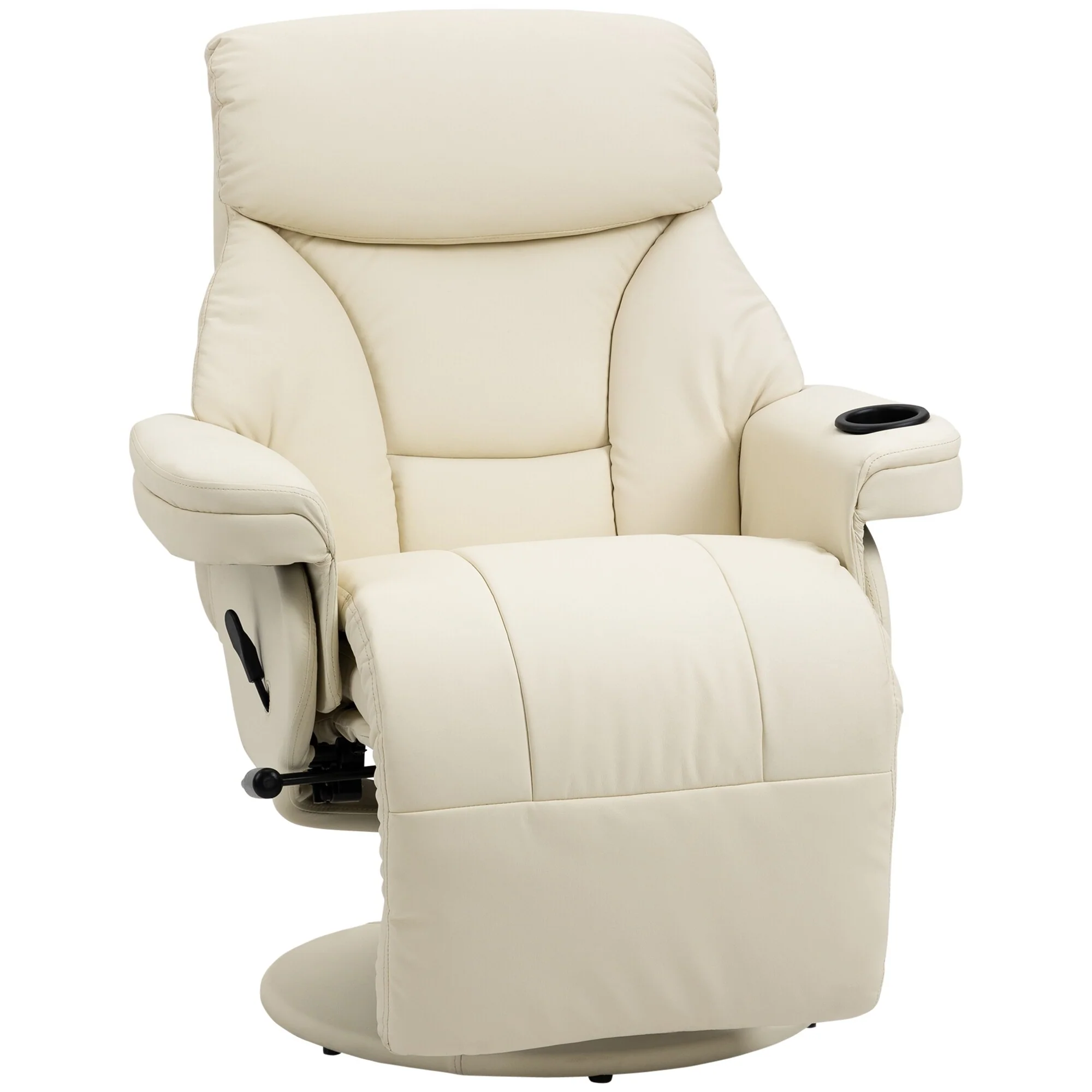 Cream PU Leather Swivel Recliner Chair with Manual Footrest, Cup Holder, Side Storage, and 135�� Recline