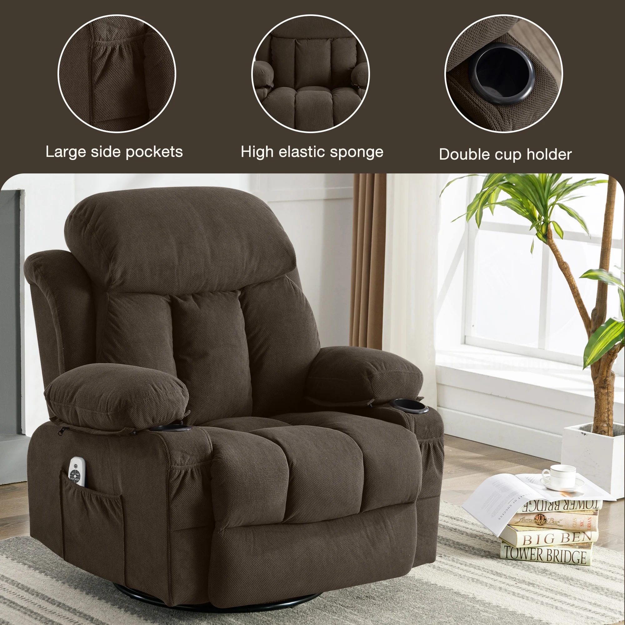 Swinging recliner massage heated sofa, with USB and 2 cup holders in side pockets