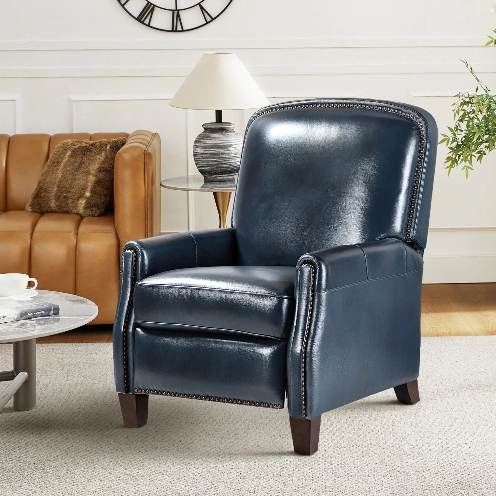 Gladis Modern Retro Genuine Leather Recliner with Nailhead Trim by HULALA HOME