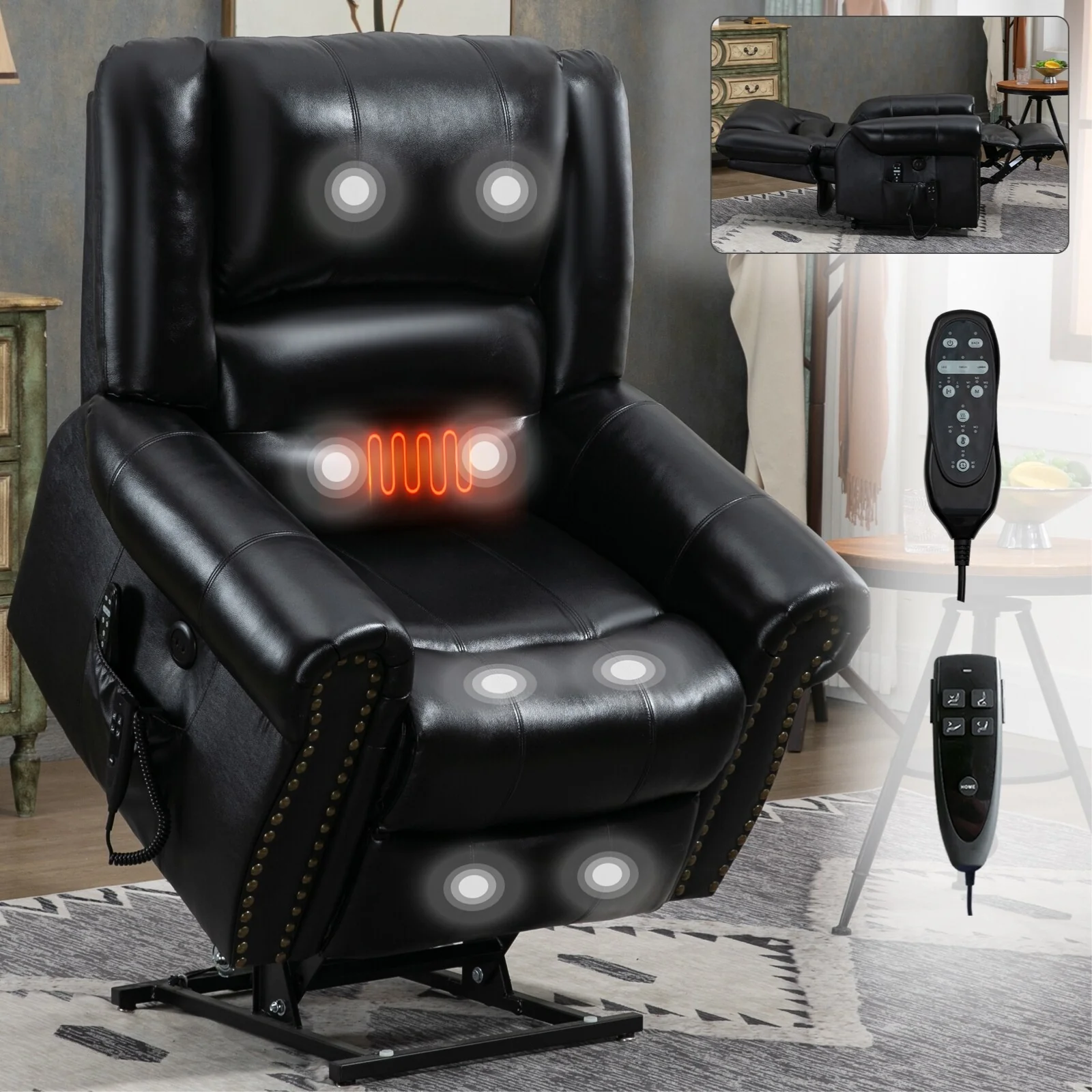 Power Lift Recliner Chair Heat Massage Dual Motor,Leather, Heavy Duty Motion Mechanism with USB Ports