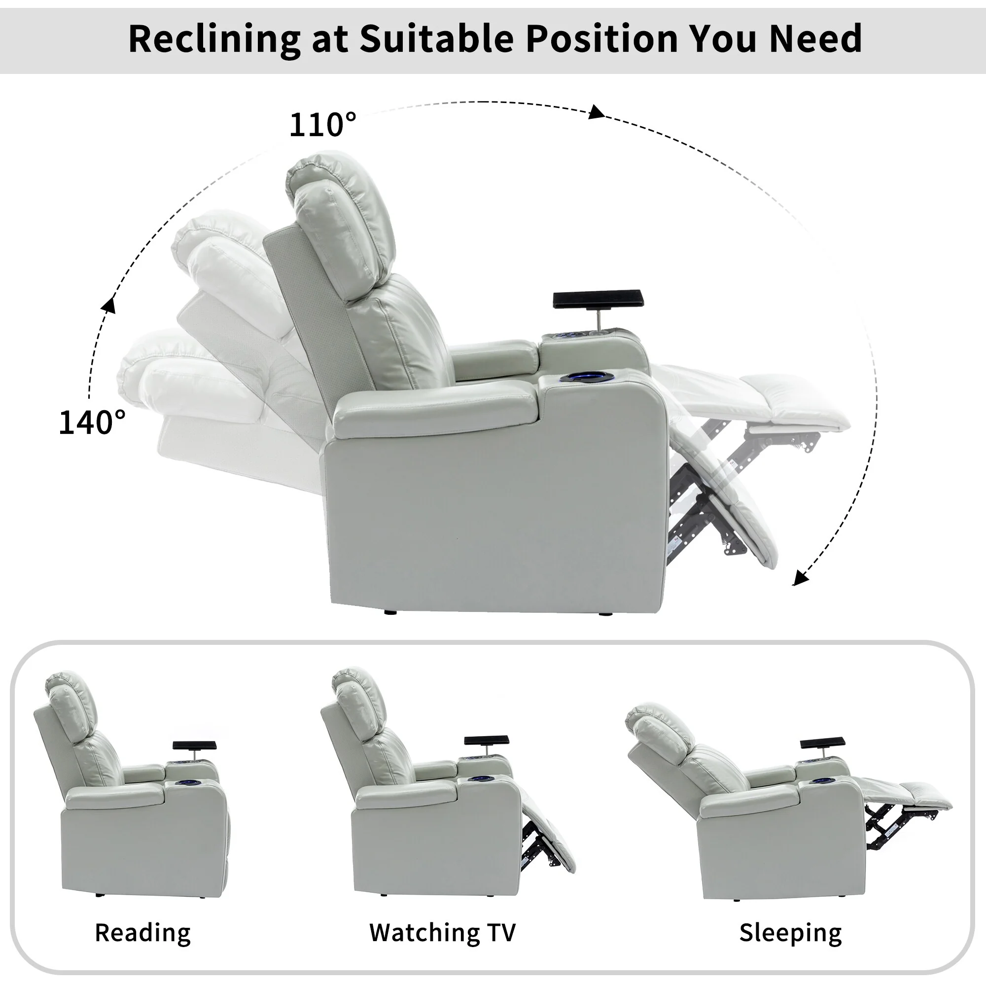 Power Recliner Chair with Cooling Cup Holder, Bluetooth & Tray Table