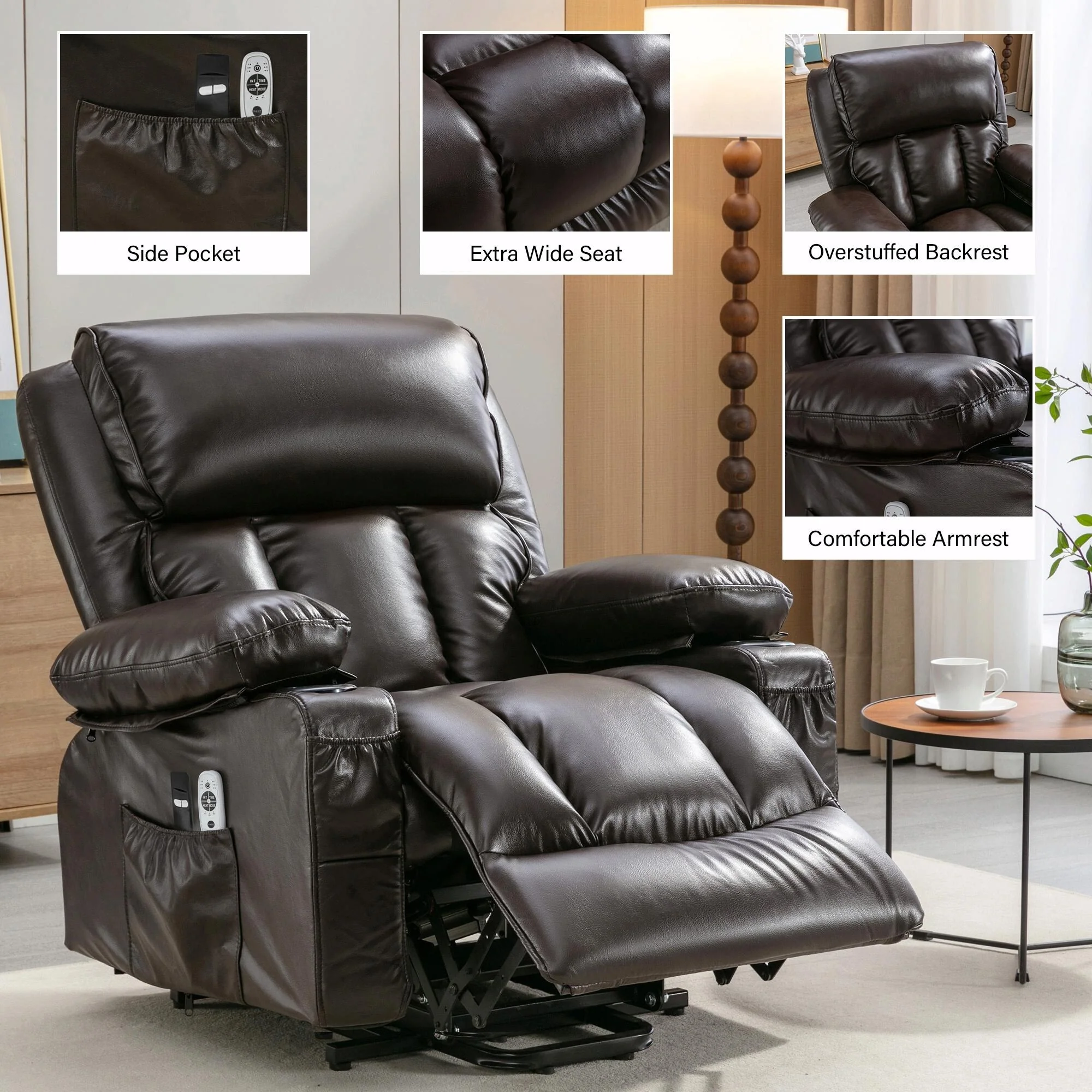 Power Electric Massage Lift Lounge Chair with Heating and Vibration Functions, Fleece Leather with USB