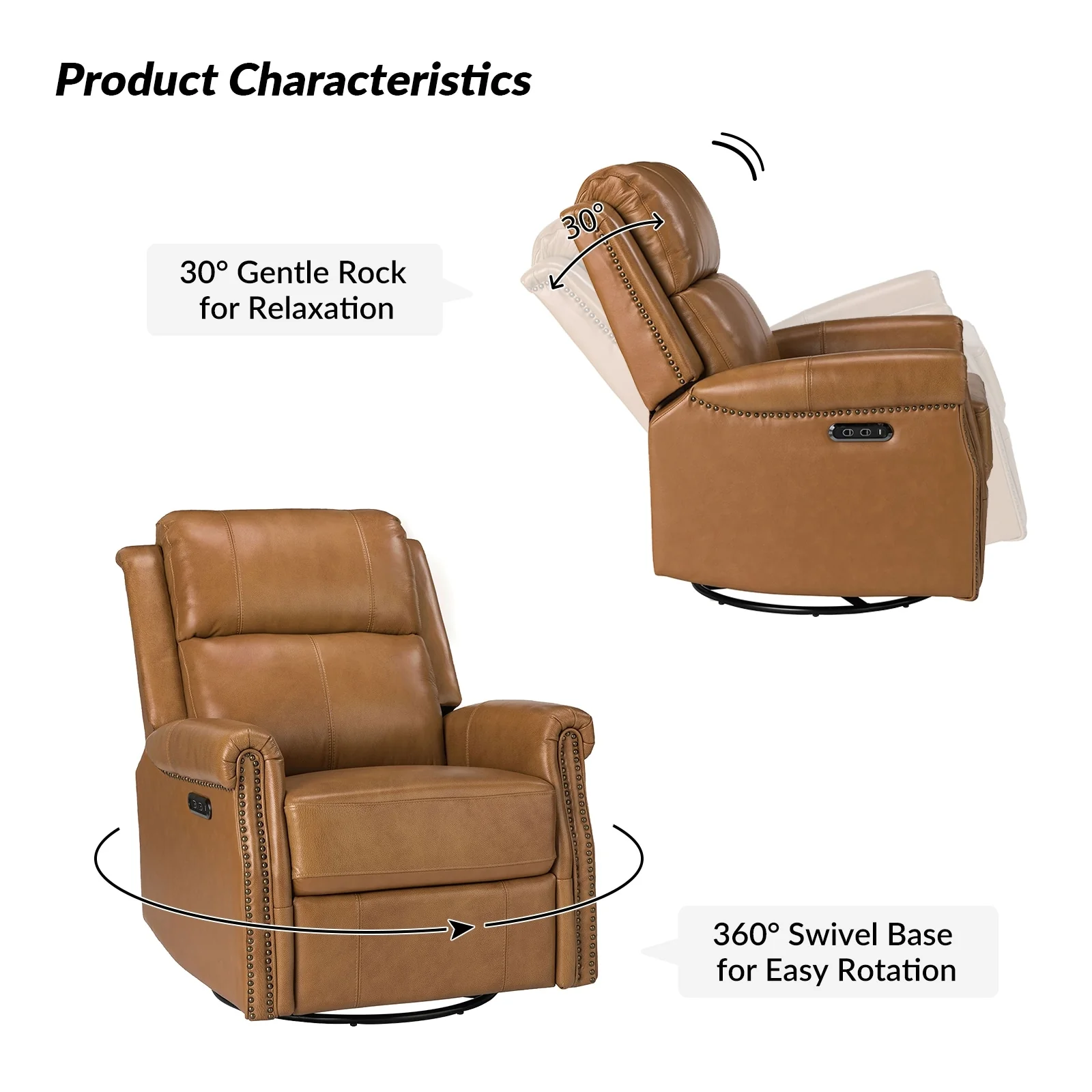 Renato Traditional Genuine Leather Nailhead Power Swivel Recliner Chair with Metal Base Set of 2 by HULALA HOME