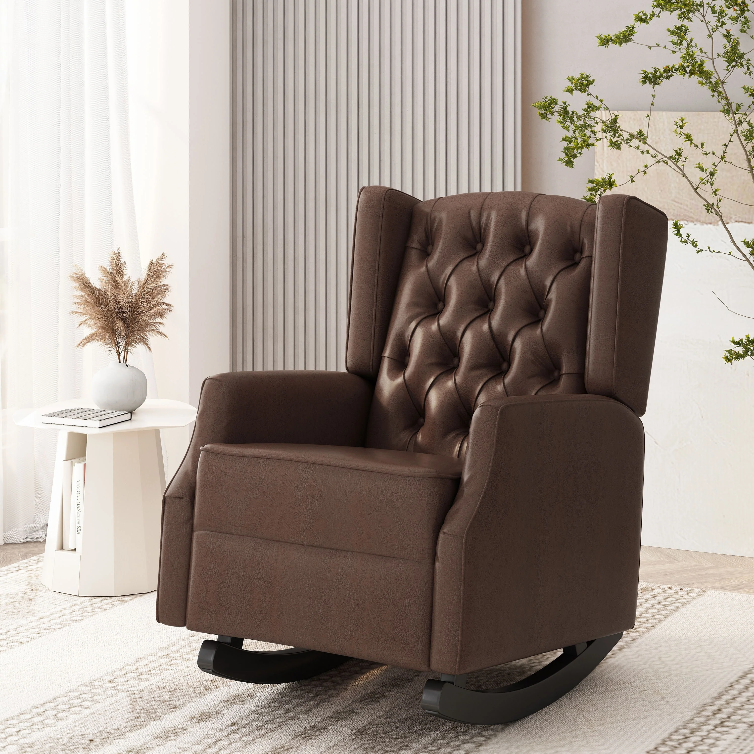 Roomfitters Faux Leather Rocking Chair with Button Tufting and Wingback Design, Upholstered Accent Nursery Chair