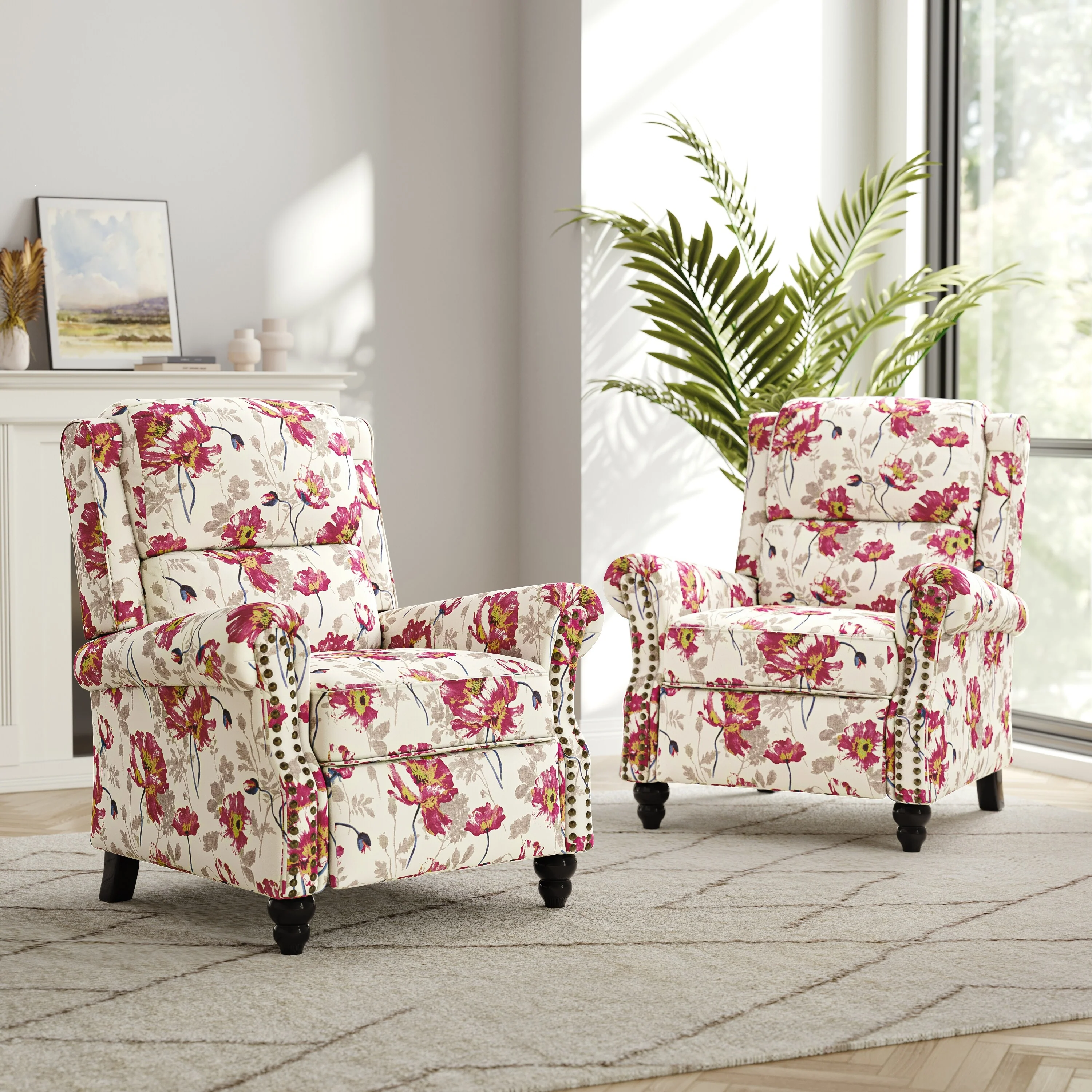 2 Set Nail-head Padded Seat Pushback Recliner Chair