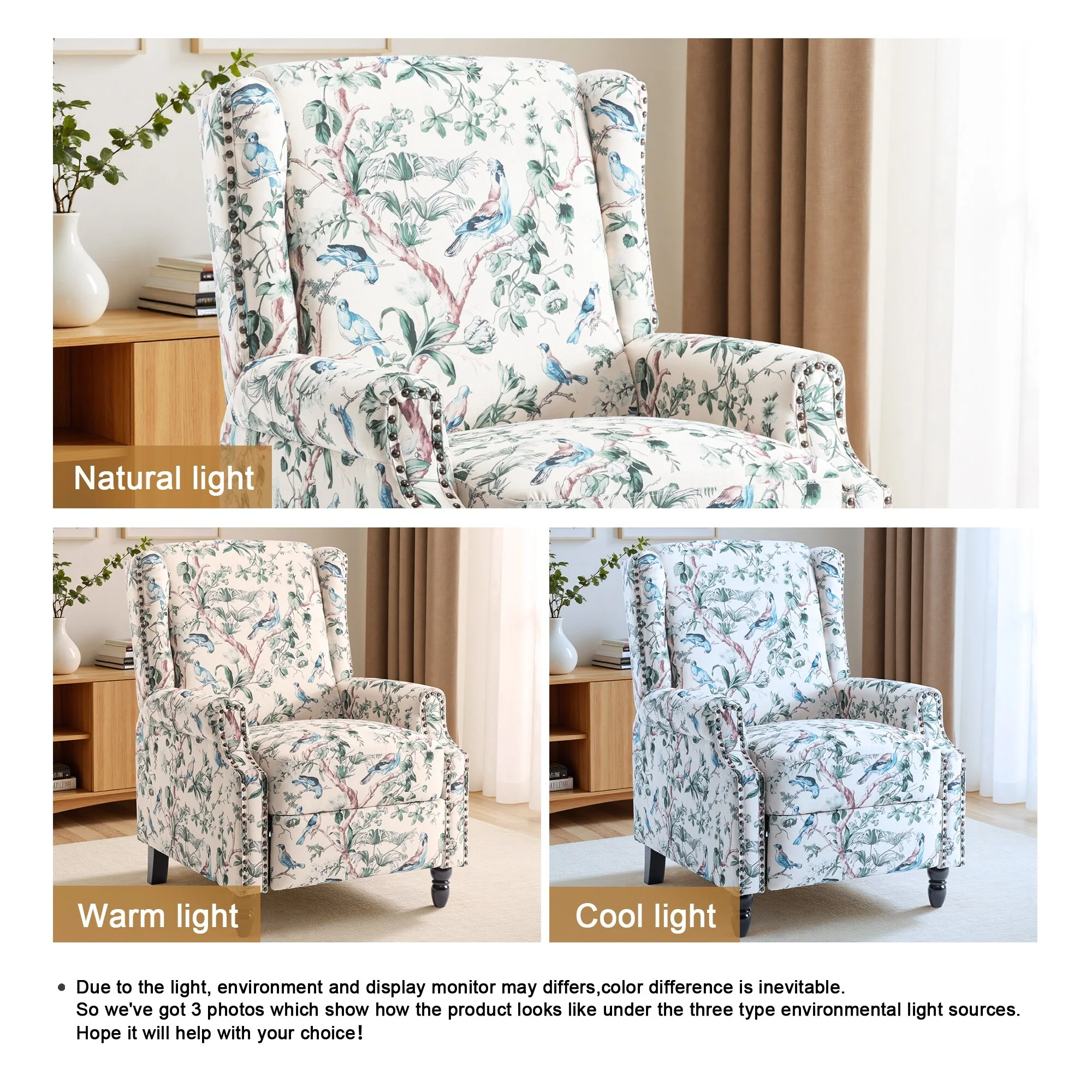 Linen Manual Upholstered Recliner with Wood Legs