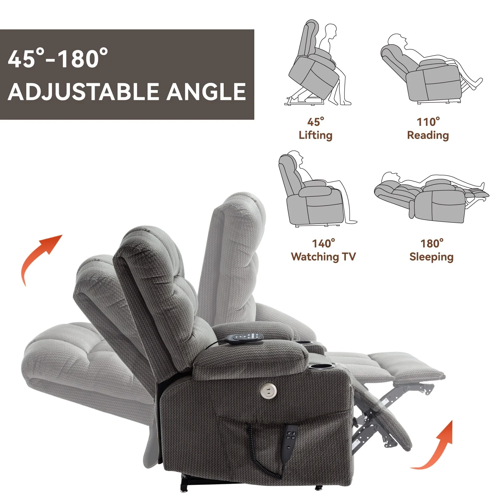 Chenille Power Lift Recliner with Massage, Heating & Cup Holders