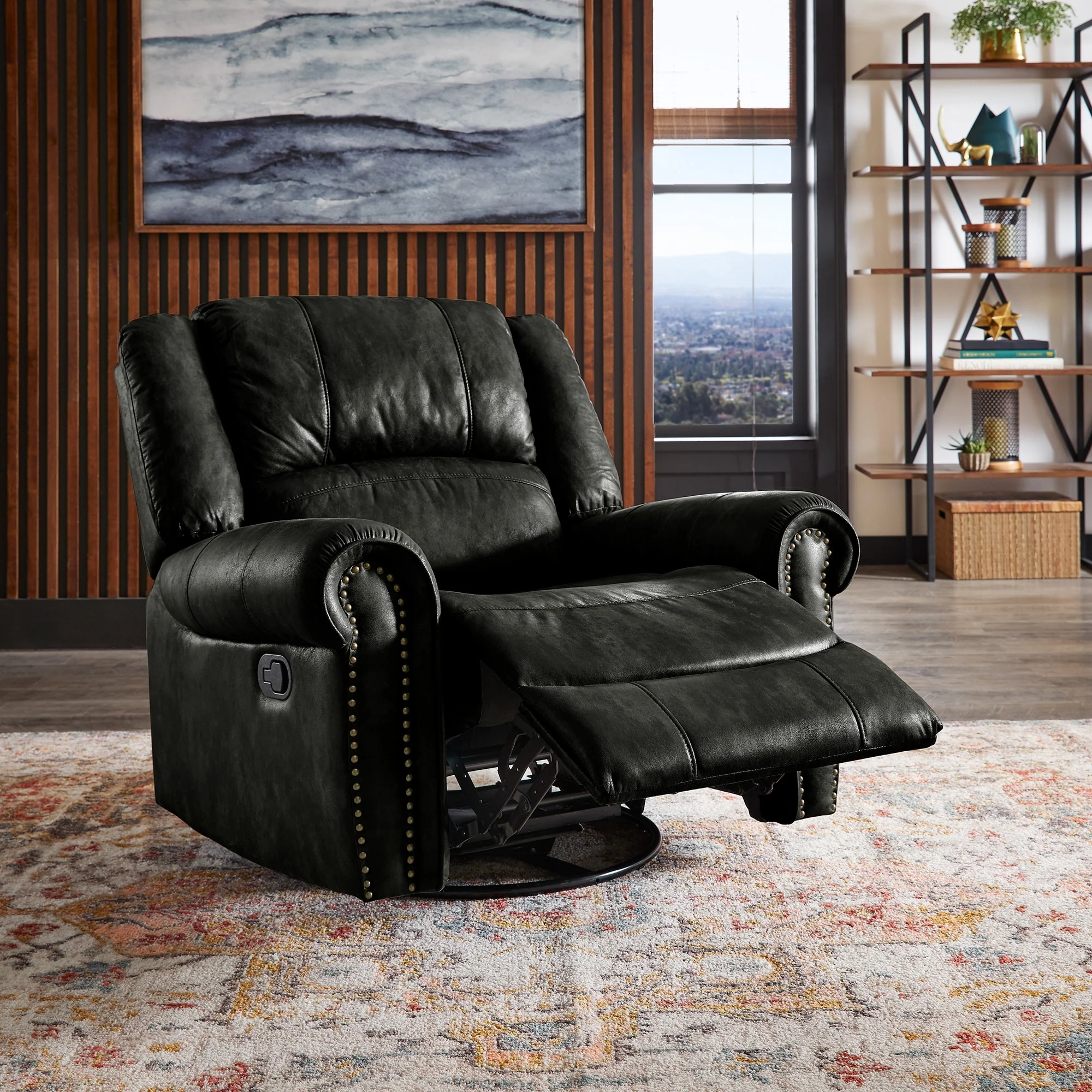 Monroe Polished Microfiber Nailhead Swivel Glider Recliner by iNSPIRE Q Classic