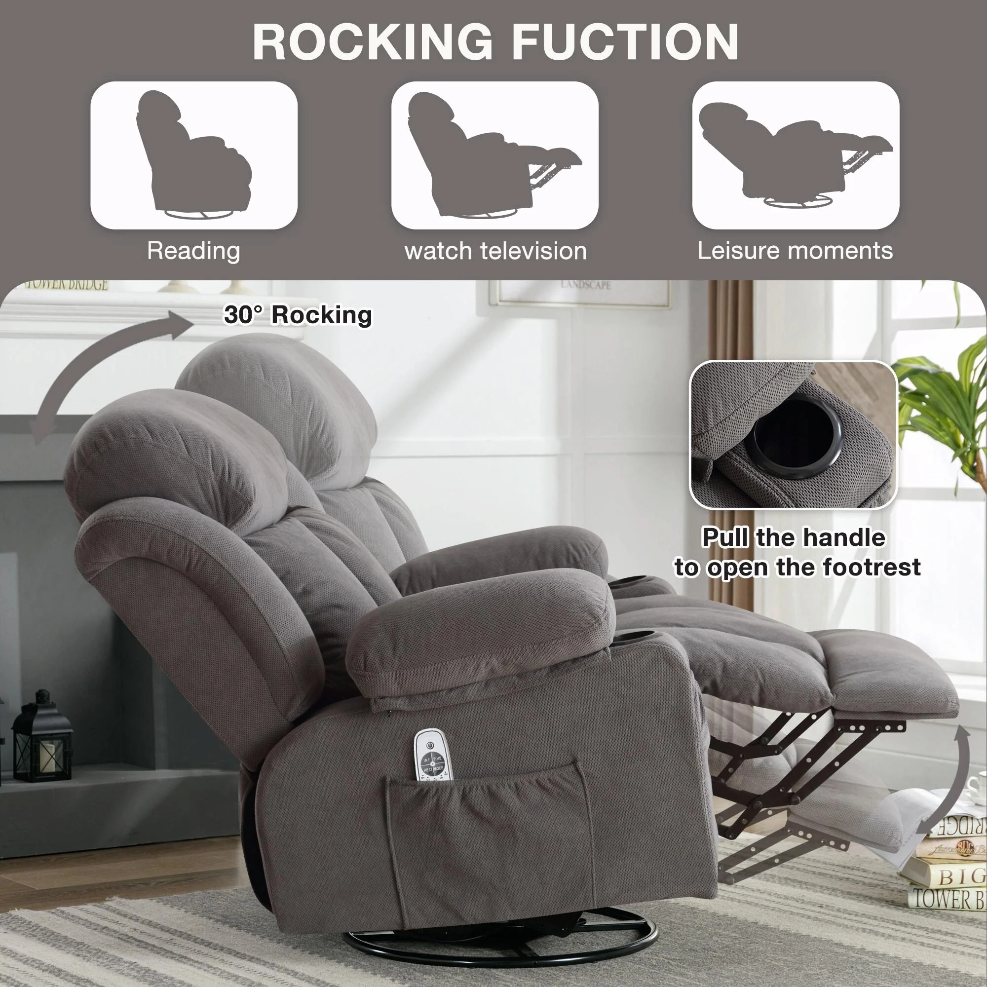 Swinging Recliner Massage Heated Sofa, with USB and 2 Cup Holders in Side Pockets