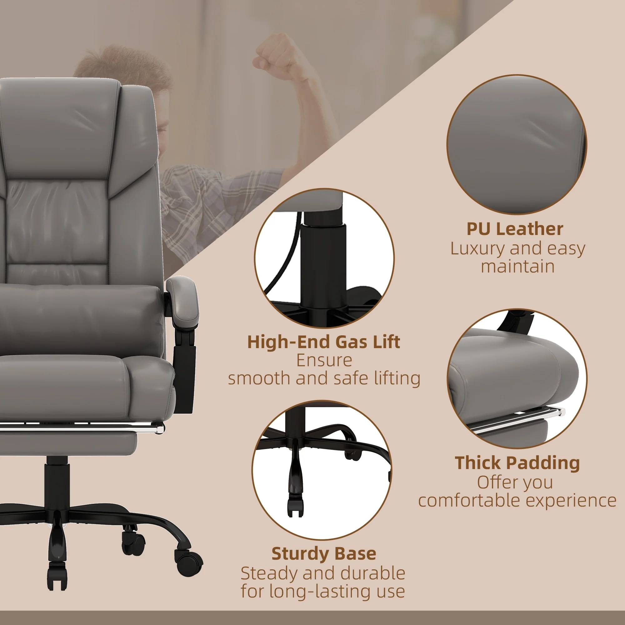 Executive Leather Desk Chair with 6-Point Massage, Adjustable Height, Reclining Back, Footrest & Remote Control