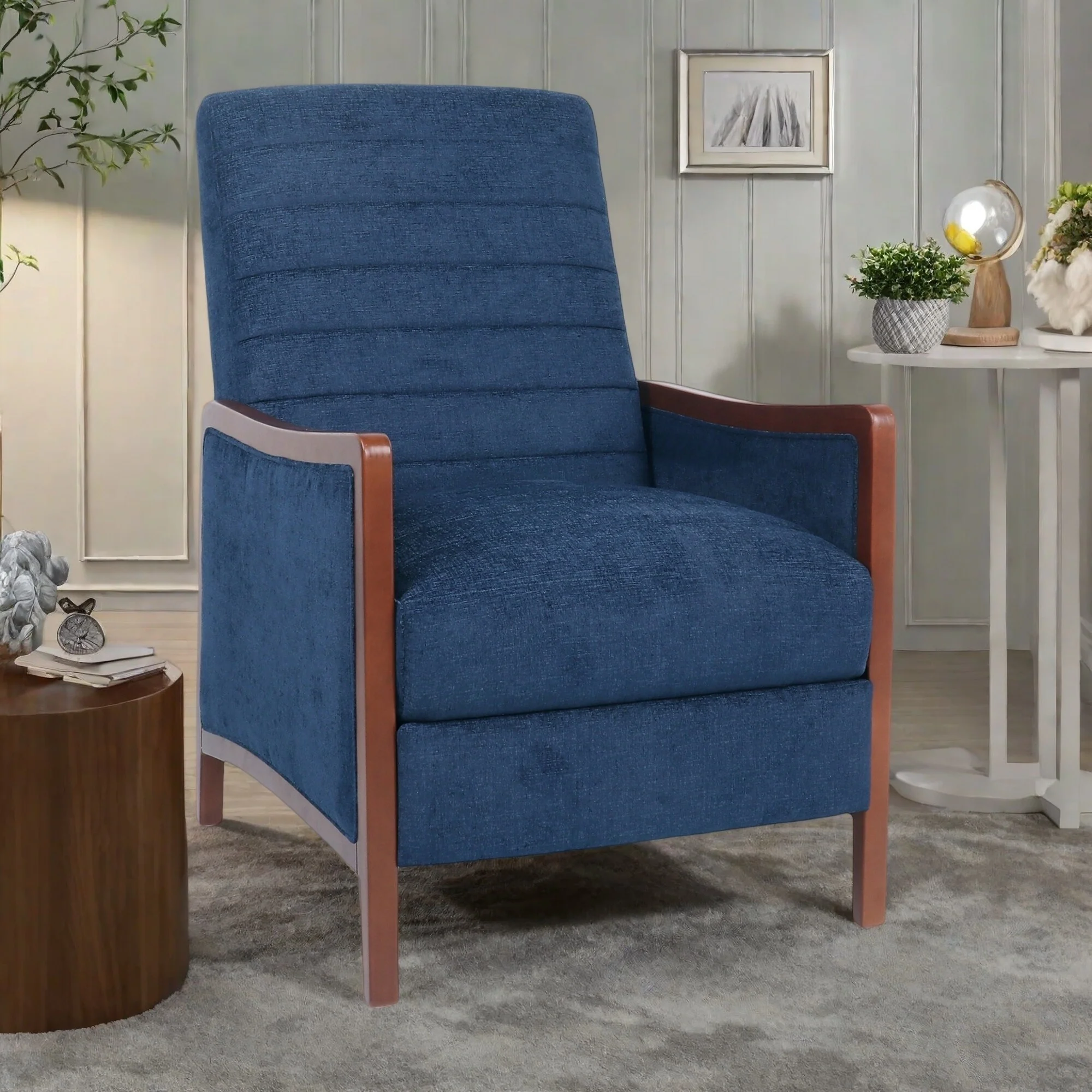 Mid-Century Modern Pushback Recliner with Channel Stitching and Birch Wood Frame