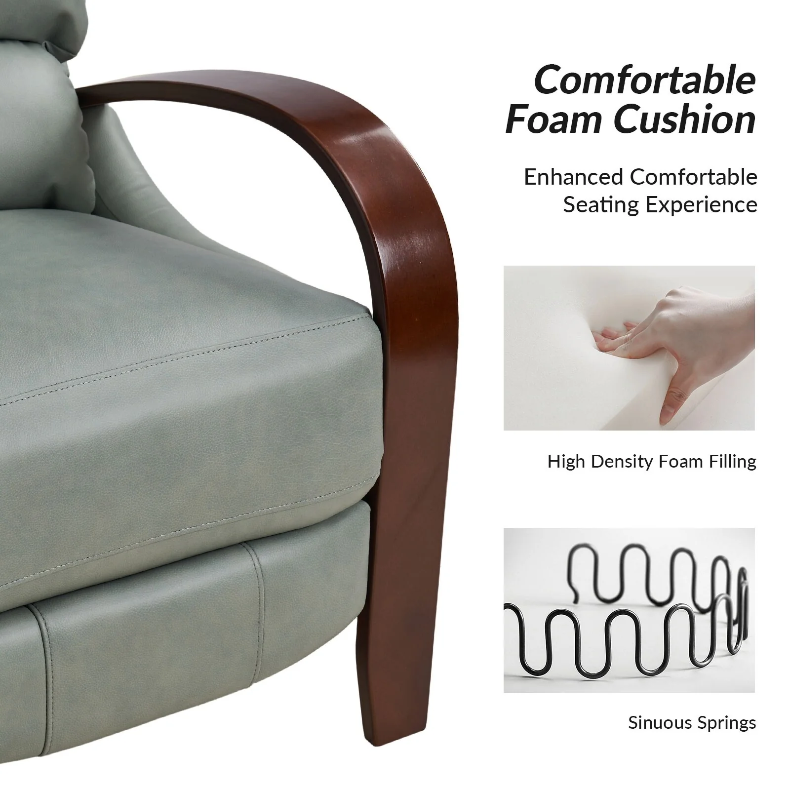 Alex Mid-century Modern Cigar Genuine Leather Manual Recliner with Wooden Curved Arms