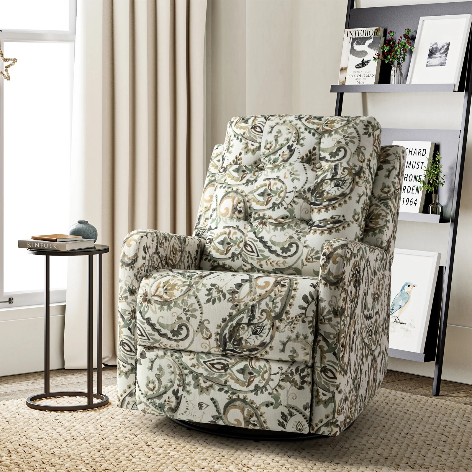 Arlette Contemporary Floral Manual Swivel Recliner with Tufted Back
