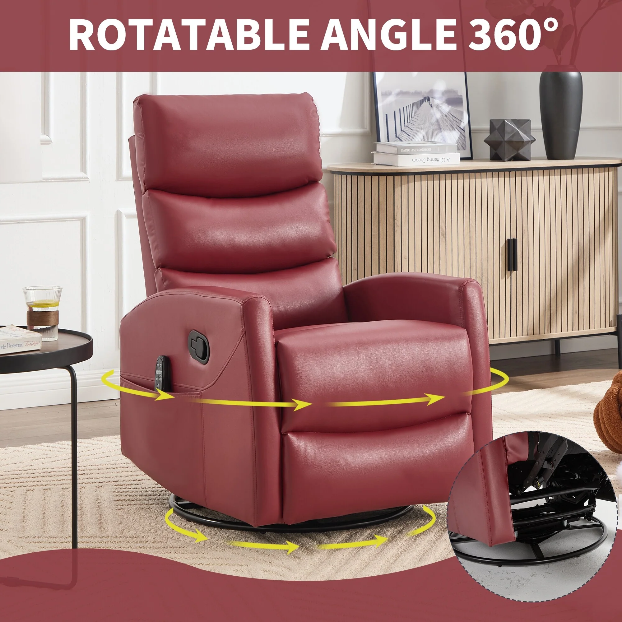 Heat Massage Manual Recliner Chair with Rocker and Swivel in Fabric for Living Room, Red