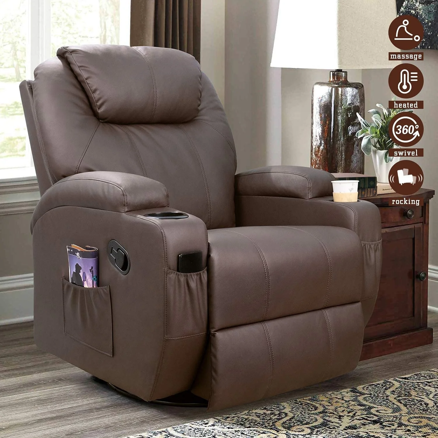Furniwell Rotary Massage Heated Function Recliner PU Leather Whirl