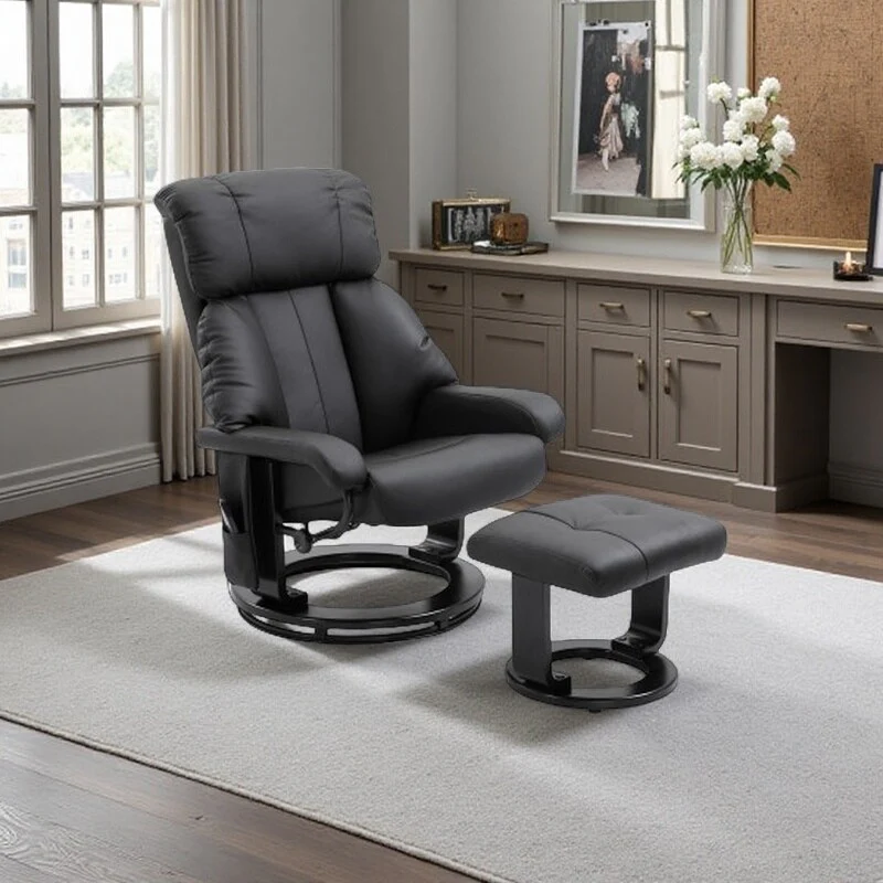 Modern PU Leather Recliner with Ottoman, 10-Zone Vibration Massage, and Swivel Wood Base for Living Room & Bedroom