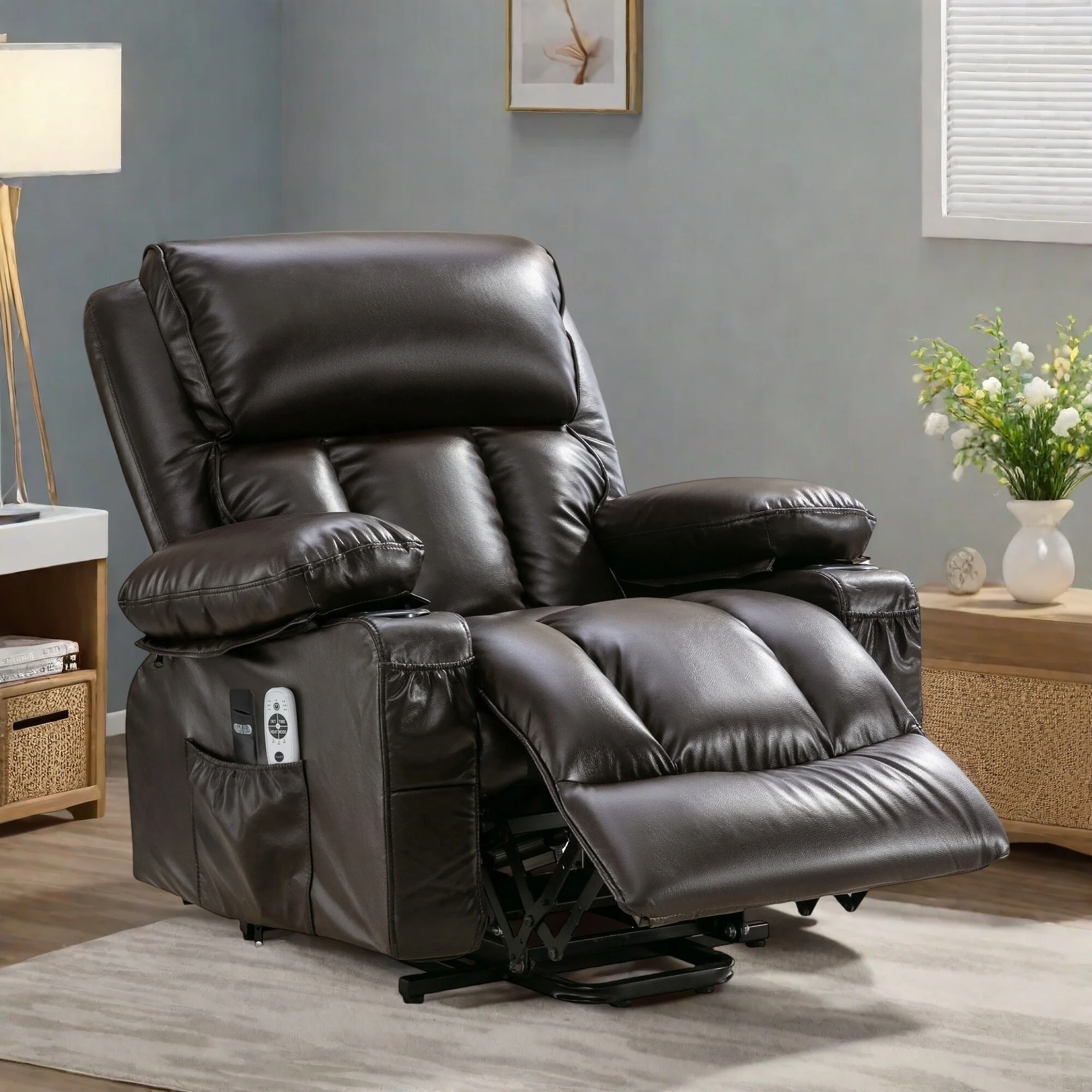 Power Lift Faux Leather Recliner Chair with Massage, Heat, USB Port, and Dual Storage Pockets
