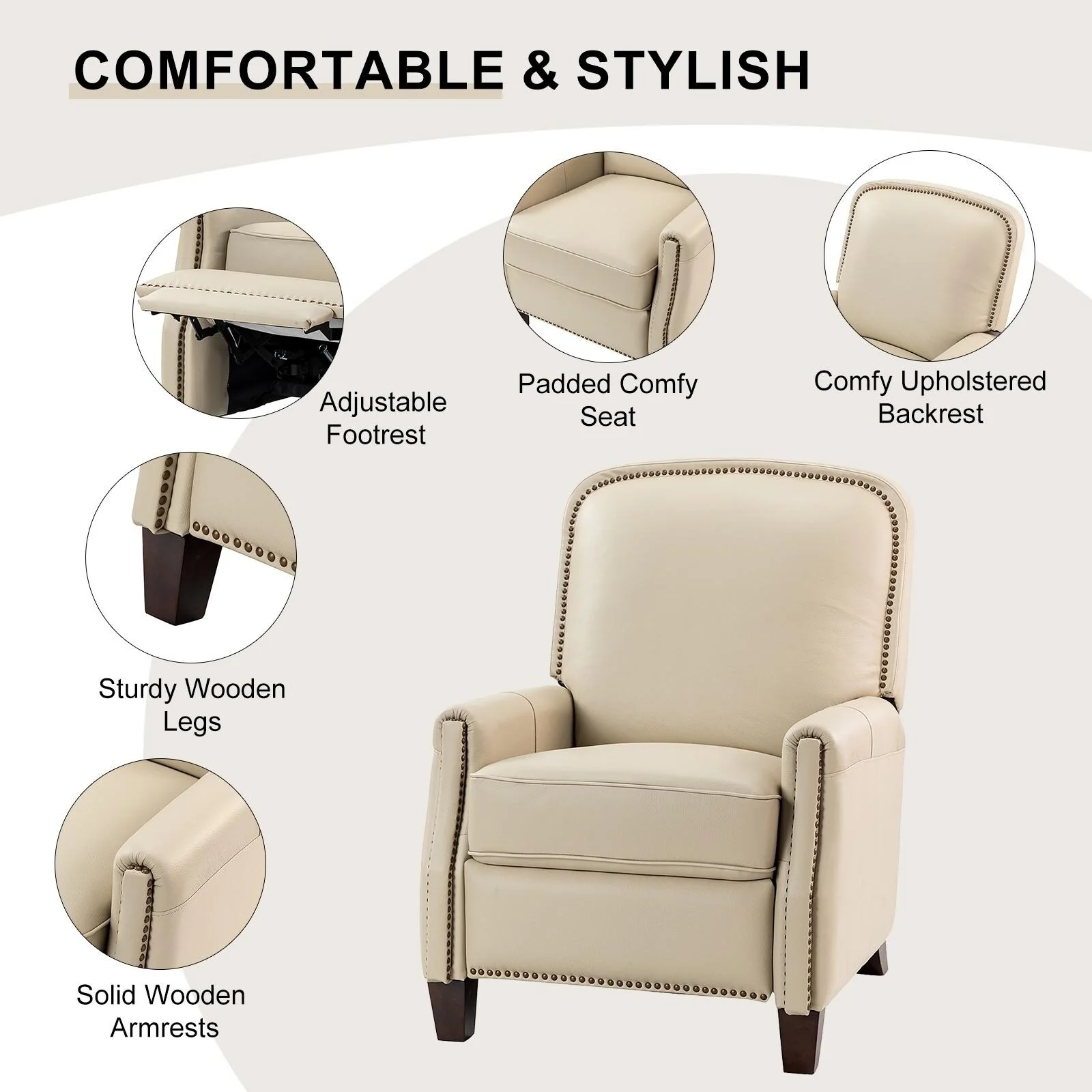 Gladis Modern Retro Genuine Leather Recliner with Nailhead Trim by HULALA HOME