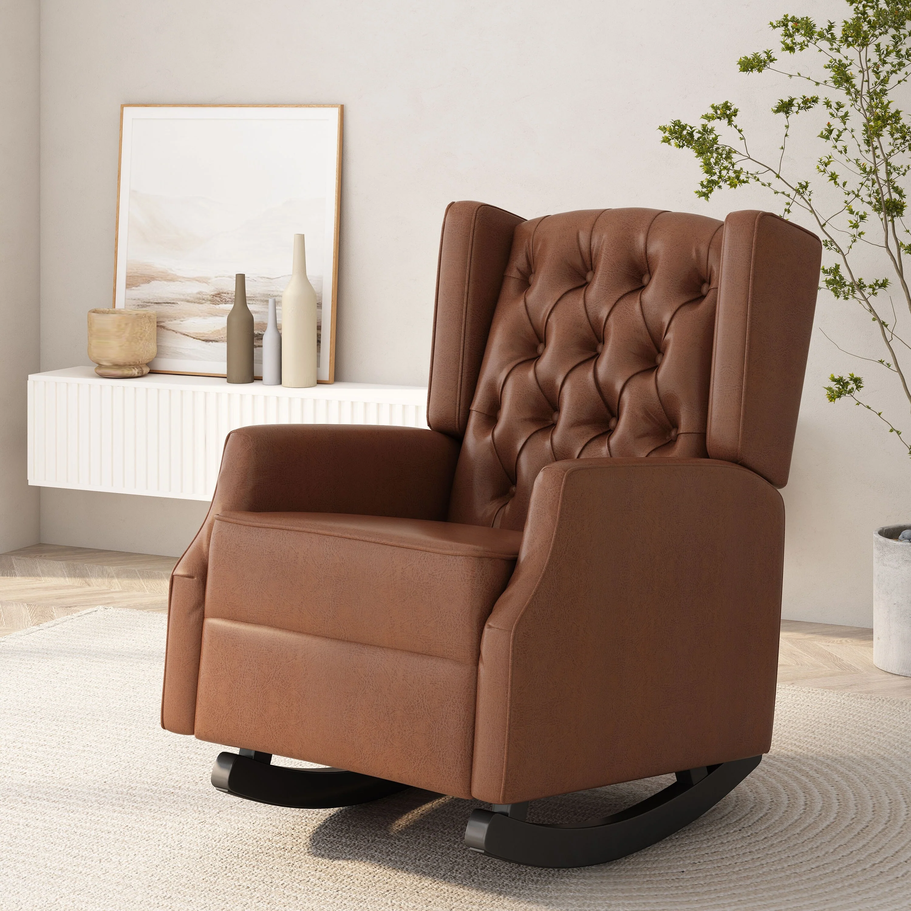 Roomfitters Faux Leather Rocking Chair with Button Tufting and Wingback Design, Upholstered Accent Nursery Chair