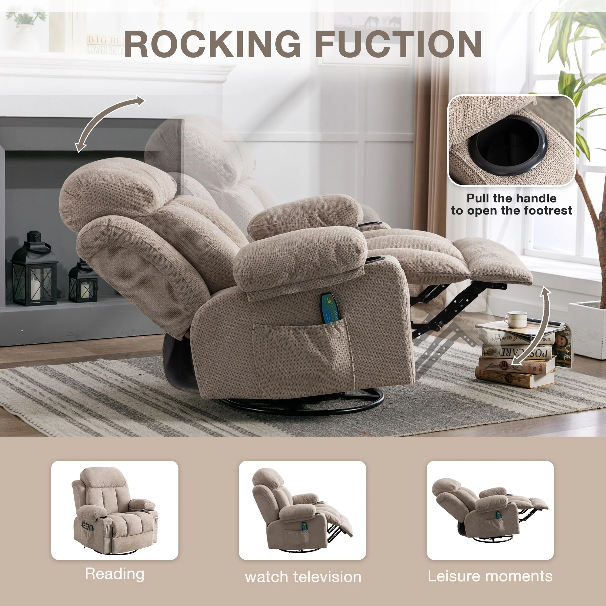 Massage 360 Swivel Rocker Recliner Chair, Heating, Cup Holders, USB
